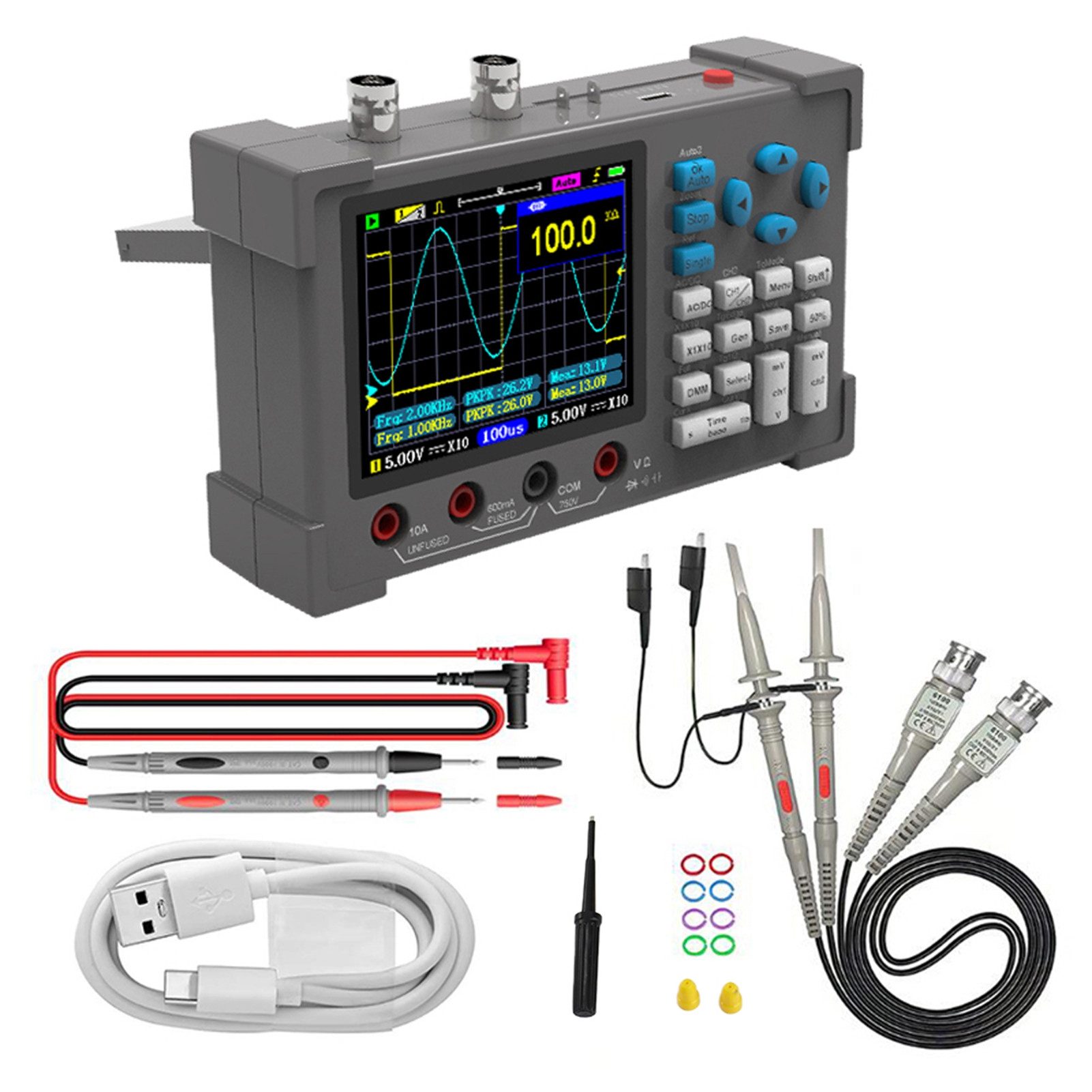 GARRYFIZH Multimeter 3-in-1 Digitales Oszilloskop Multimeter Signalgenerator 120MHz, 3-in-1-Design mit IPS-Display, Hohe Bandbreite und Abtastrate