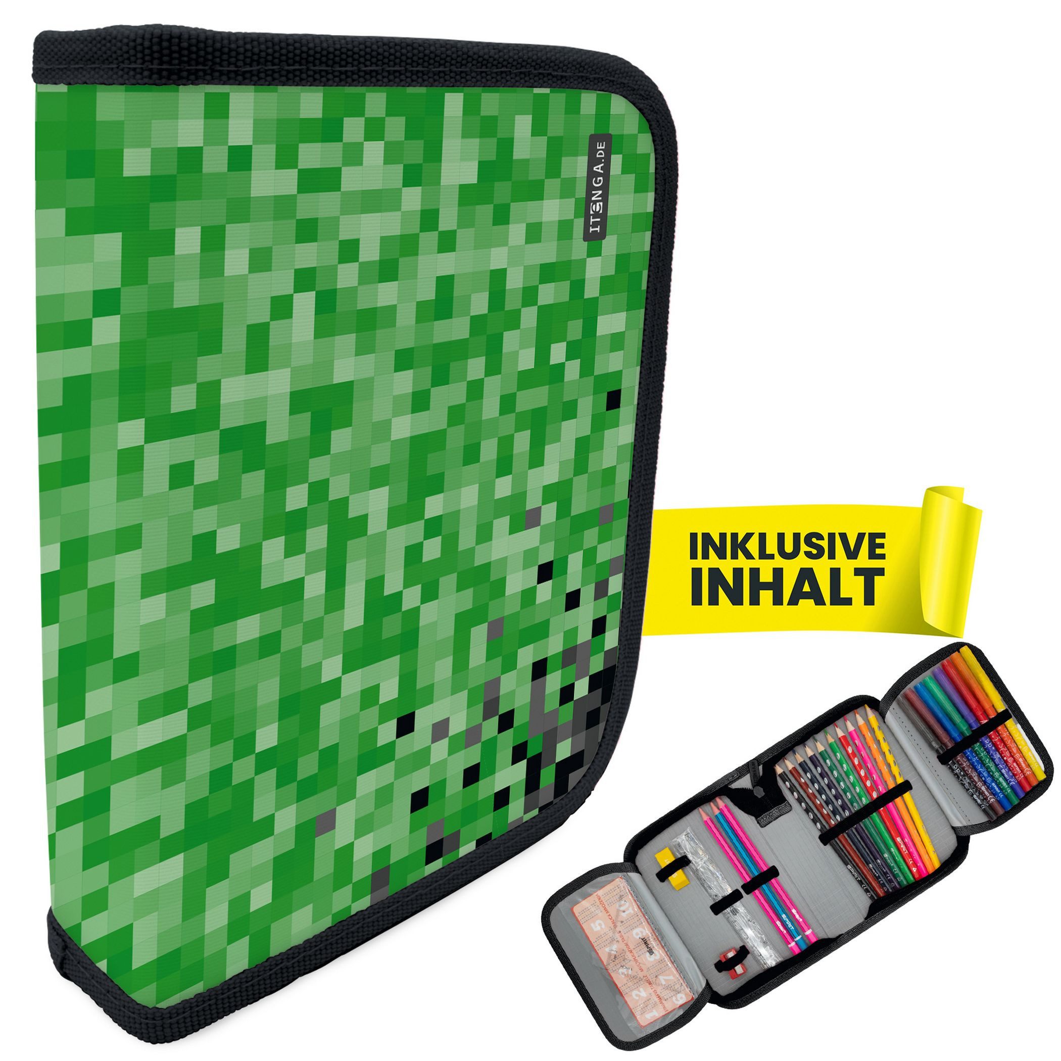 itenga Federmäppchen itenga Schüler-Etui Mäppchen Pixel 28 teilig (gefüllt) 1-Zipper