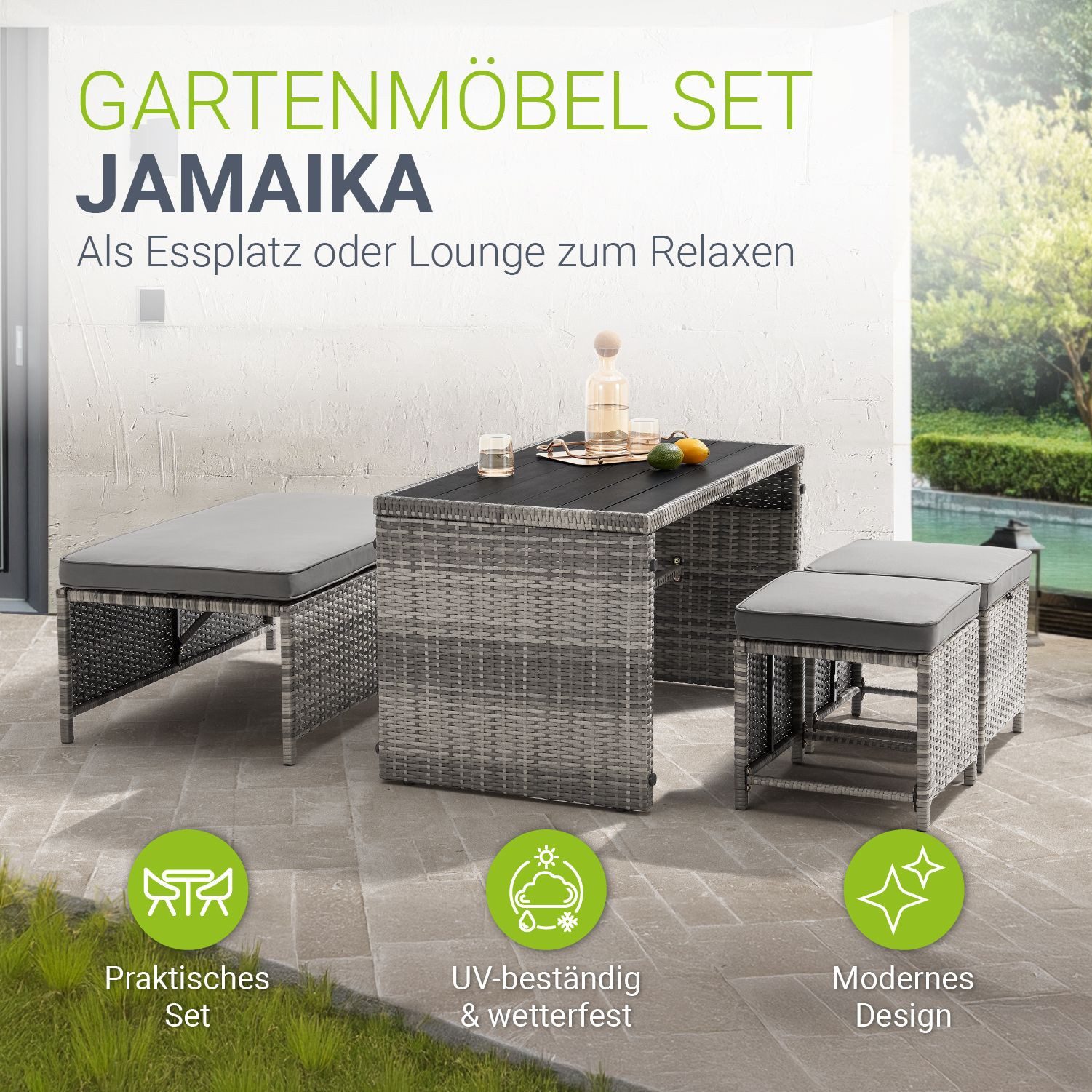 Juskys Gartenlounge-Set Jamaika, 2in1 Polyrattan Set, wetterbeständig, mit Sitzkissen, inkl. Tisch
