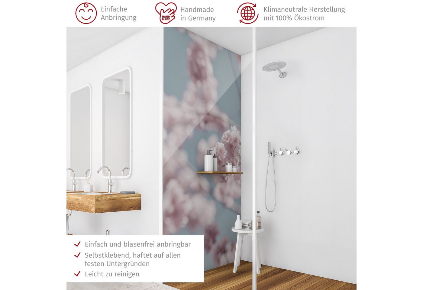 Thumbnail - Bilderdepot24 Badrückwand Blumen rosa Duschrückwand ohne Bohren Dusche Landhaus, (1-tlg., Hart-Folie Smart matt 0,35 mm)...