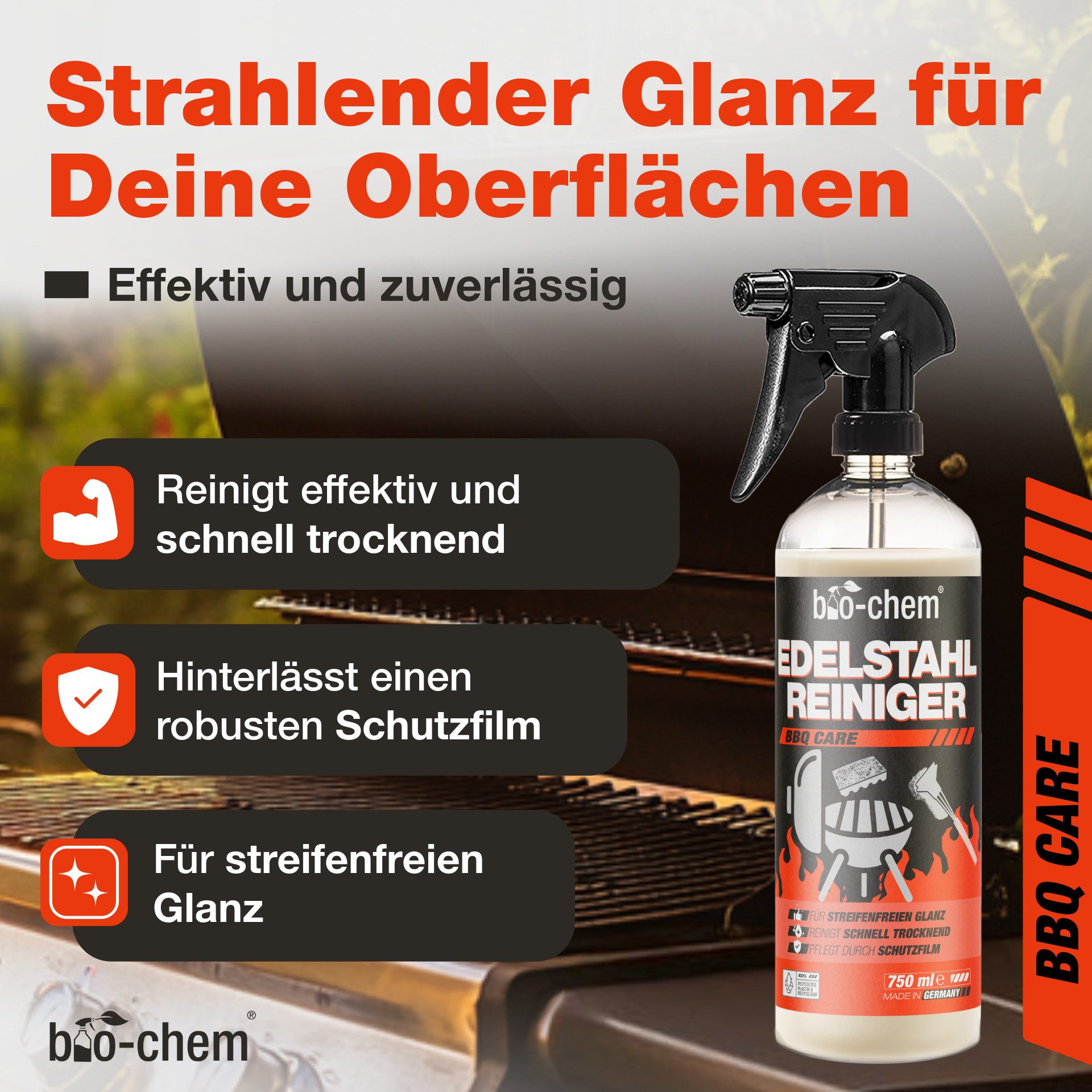 bio-chem Edelstahl-Pflege Edelstahlreiniger (Einzelprodukt, [- Edelstahlreiniger 0.75 l Handsprayflasche Streifenfreier Glanz & Schutzfilm)
