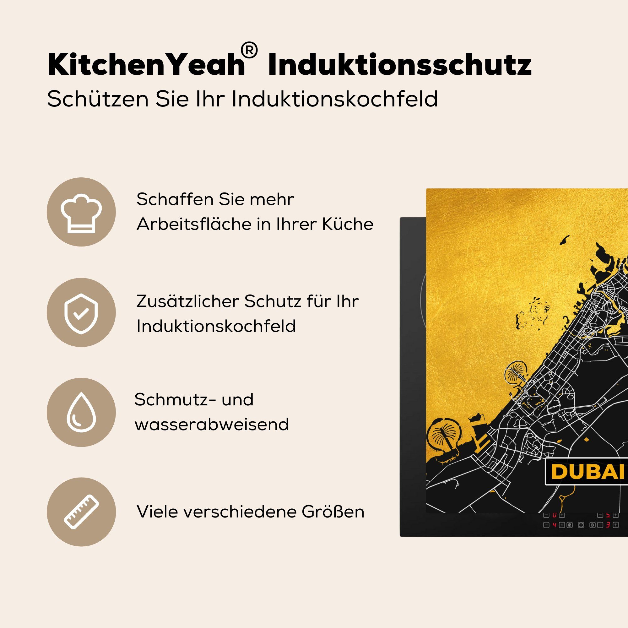 MuchoWow Herdblende-/Abdeckplatte Dubai - Ceranfeldabdeckung, - cm, tlg), Gold Karte, küche Arbeitsplatte für (1 Vinyl, Stadtplan 78x78 