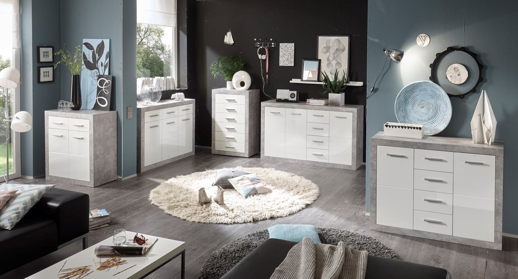HBZ Kommode Stone 2 weiß Glanz, BxHxT 117x88x37 cm, Kommode mit 2 Türen, 4 Schubkästen, 2 Einlegeböden