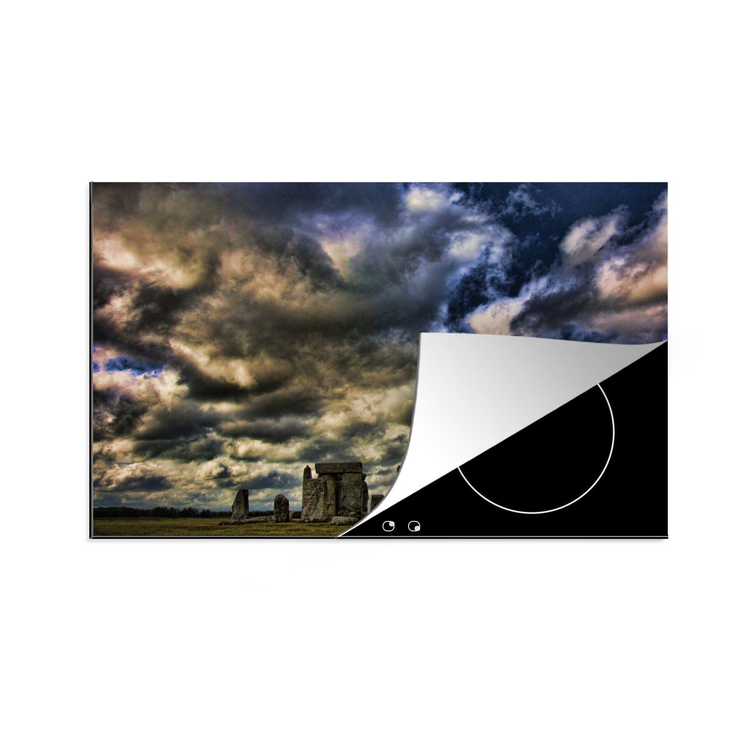 MuchoWow Herdblende-/Abdeckplatte Dunkelblaue Wolken über Stonehenge, Vinyl, (1 tlg), 81x52 cm, Induktionskochfeld Schutz für die küche, Ceranfeldabdeckung