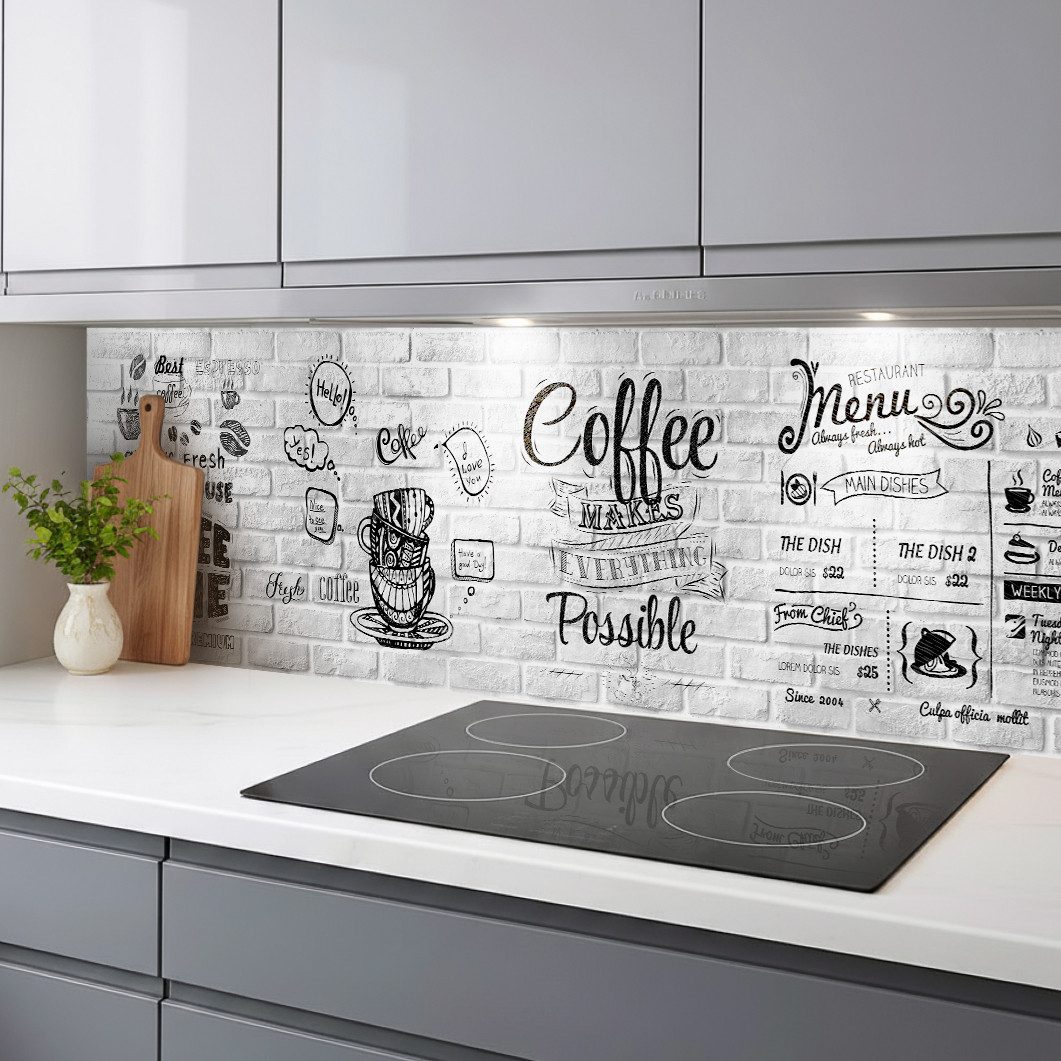Rodnik Küchenrückwand Coffee Menu, monolithische ABS-Platte mit Direktdruck, formstabil und langlebig
