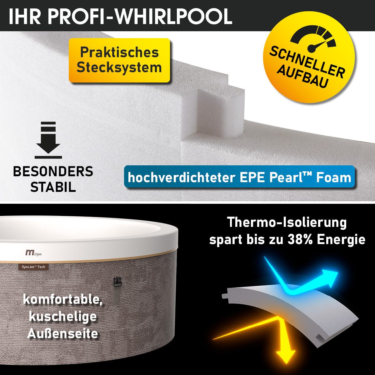 BRAST Whirlpool MSpa Verto-Serie, 5 Modelle, In- Outdoor Pool, Winterfest, Aufstellbecken, (MSpa Cocoon für 6 Personen mit Schaumstruktur, Ø180x65cm, 130 Massagedüsen in 3 Intensitäten), einfache Steuerung per App
