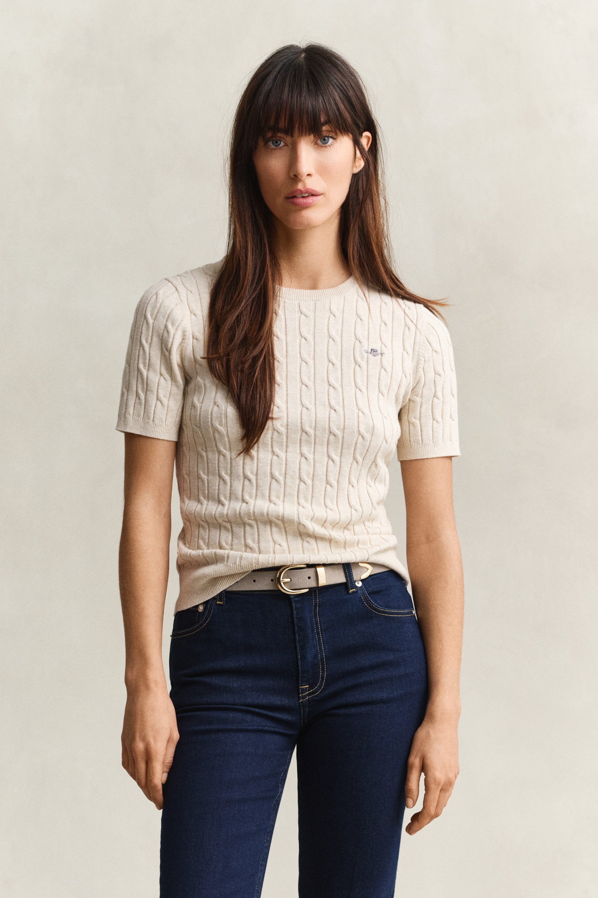 Gant Kurzarmpullover STRETCH COTTON CABLE Slim fit mit Rundhalsausschnitt