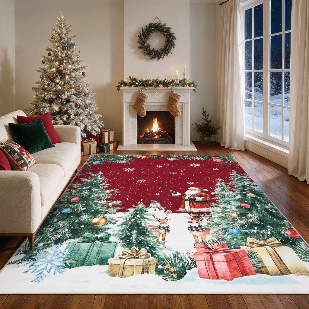 GarveeMore Teppich Rot Weihnachtsteppich mit Santa, Rentieren, Schneemann und Tannen, Höhe: 5 mm