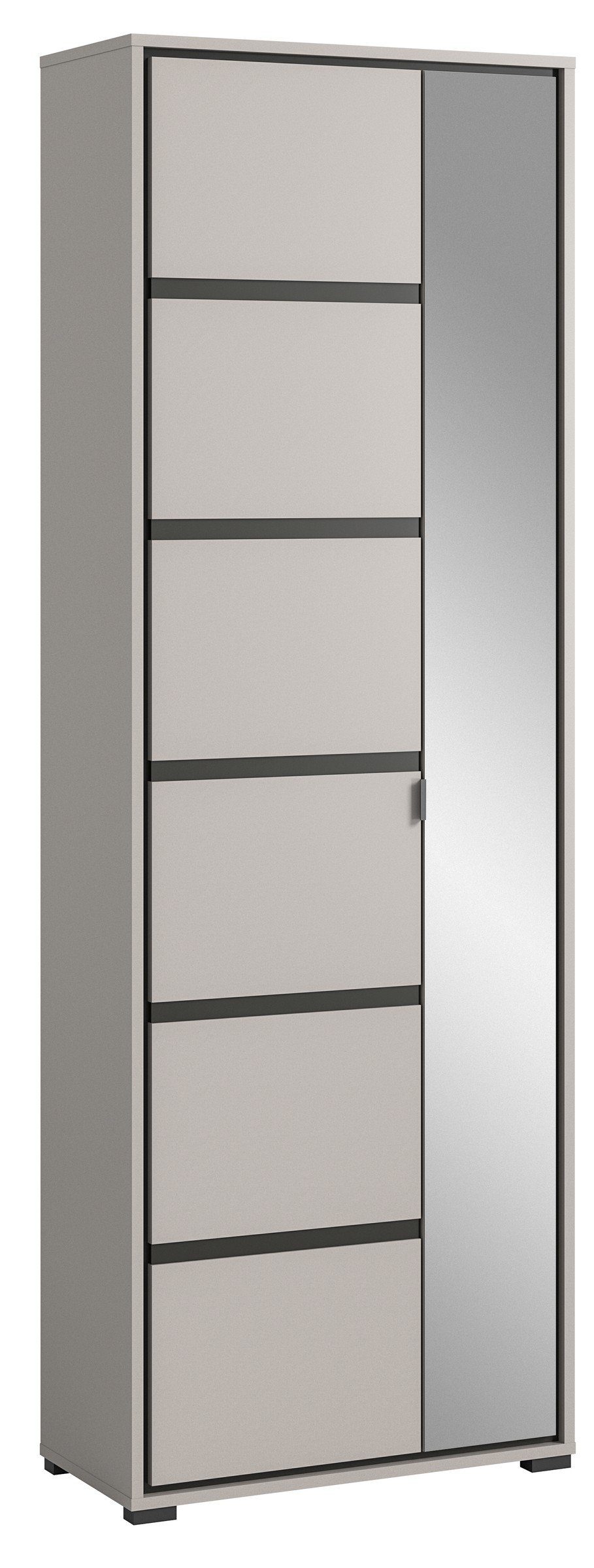 Garderobenschrank in grau mit 2 Türen und 6 Fächern. Abmessungen (BxHxT) 65x196x37 cm