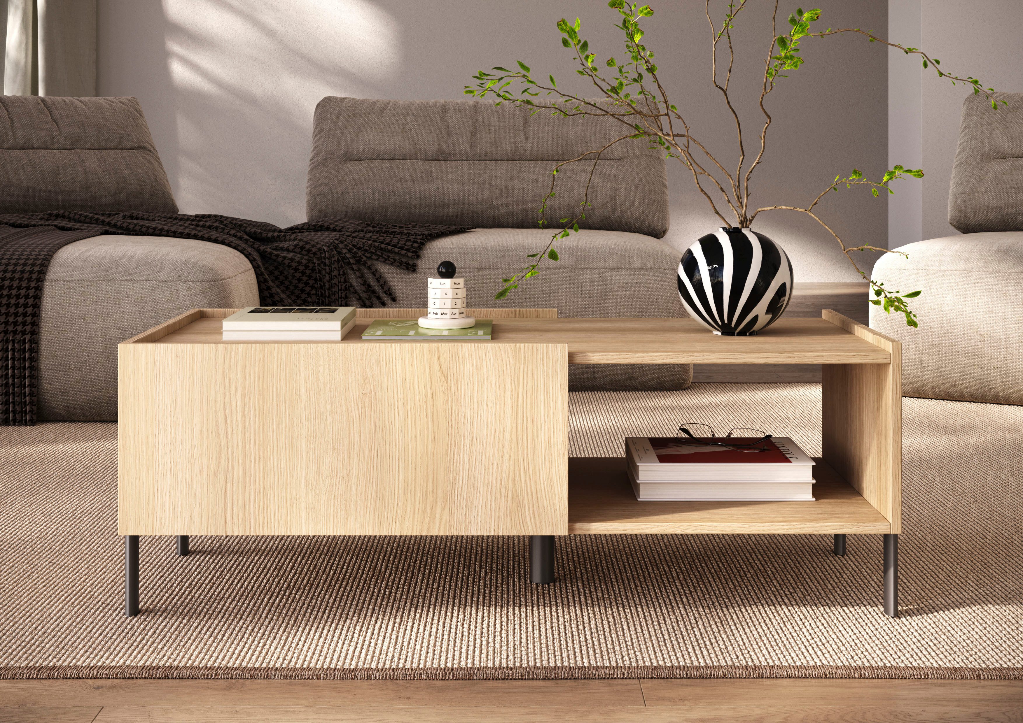 OTTO home Couchtisch Badia 110x50 cm Korpus-Couchtisch, 2 Klappen, offenes Fach, Rechteckiger Wohnzimmertisch mit flexiblem Stauraum & Metallfüßen