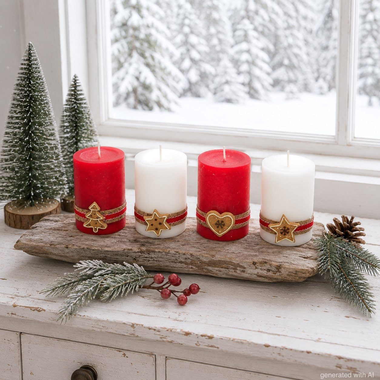 ZauberDeko Adventskerze 4 Adventskerzen Kerzen Stumpenkerzen Rot Creme Kekse Plätzchen Deko