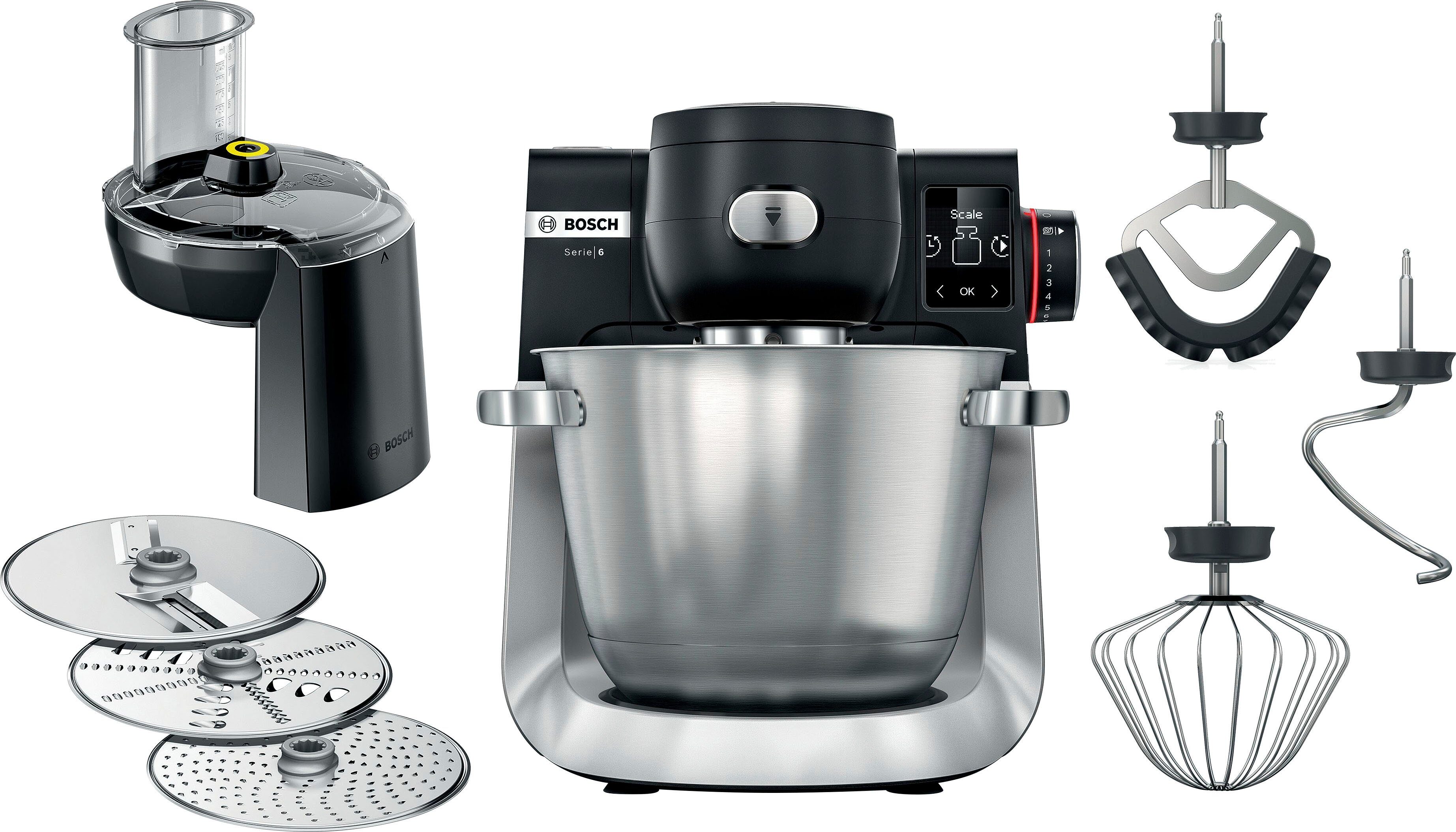 BOSCH Küchenmaschine Serie 6 MUMS6ZS13D, Automatikprogramme, integr.1g Waage, schwarz, 1600 W, 5,5 l Schüssel, Edelstahlschüssel, Durchlaufschnitzler, Knethaken/Rühr-/Silikonbesen