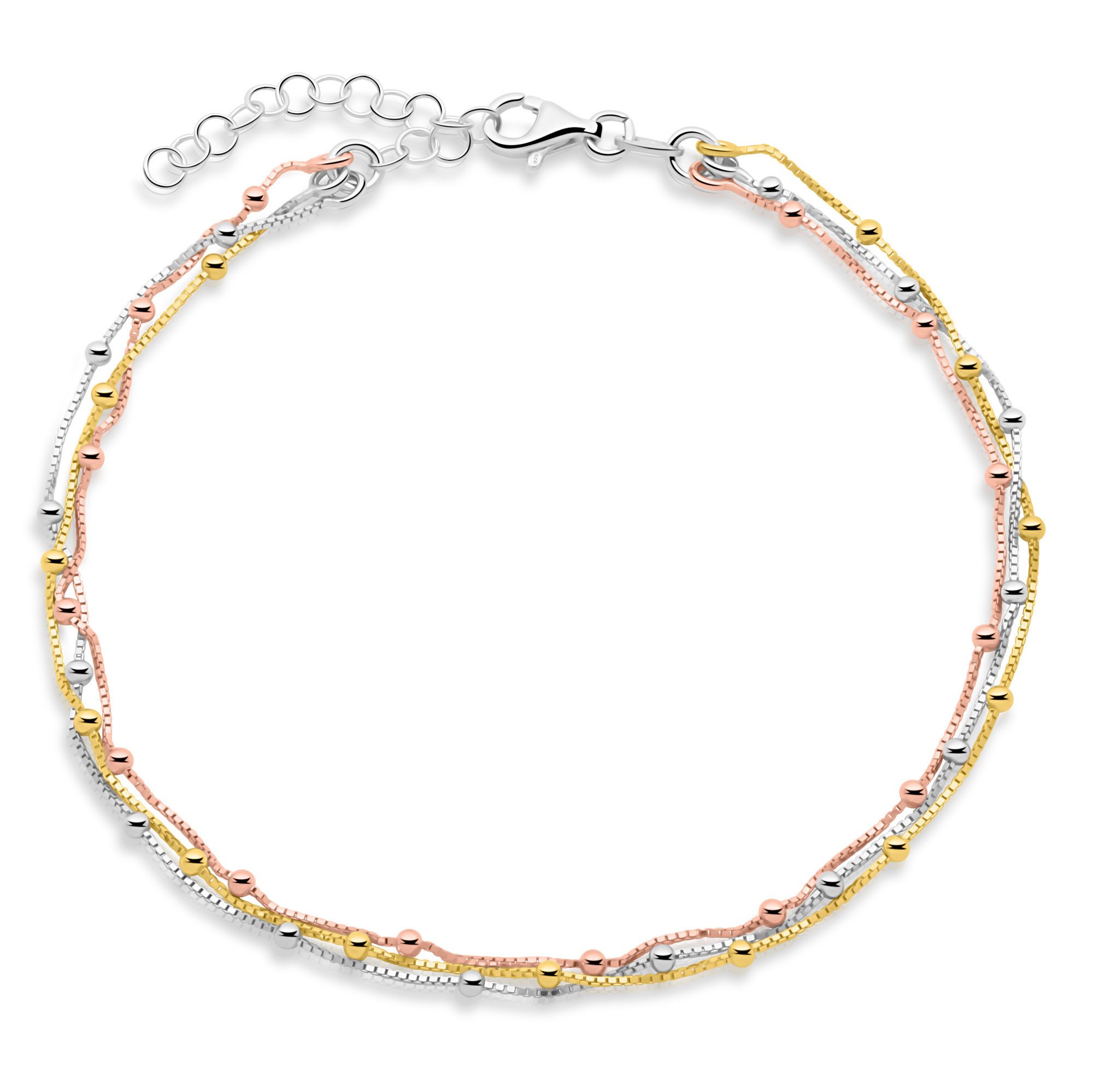 Tony Fein Fußkette Venezianer Tricolor 925er Silber Gelbgold Roségold Vergoldet 22-26 cm, Made in Italy für Damen