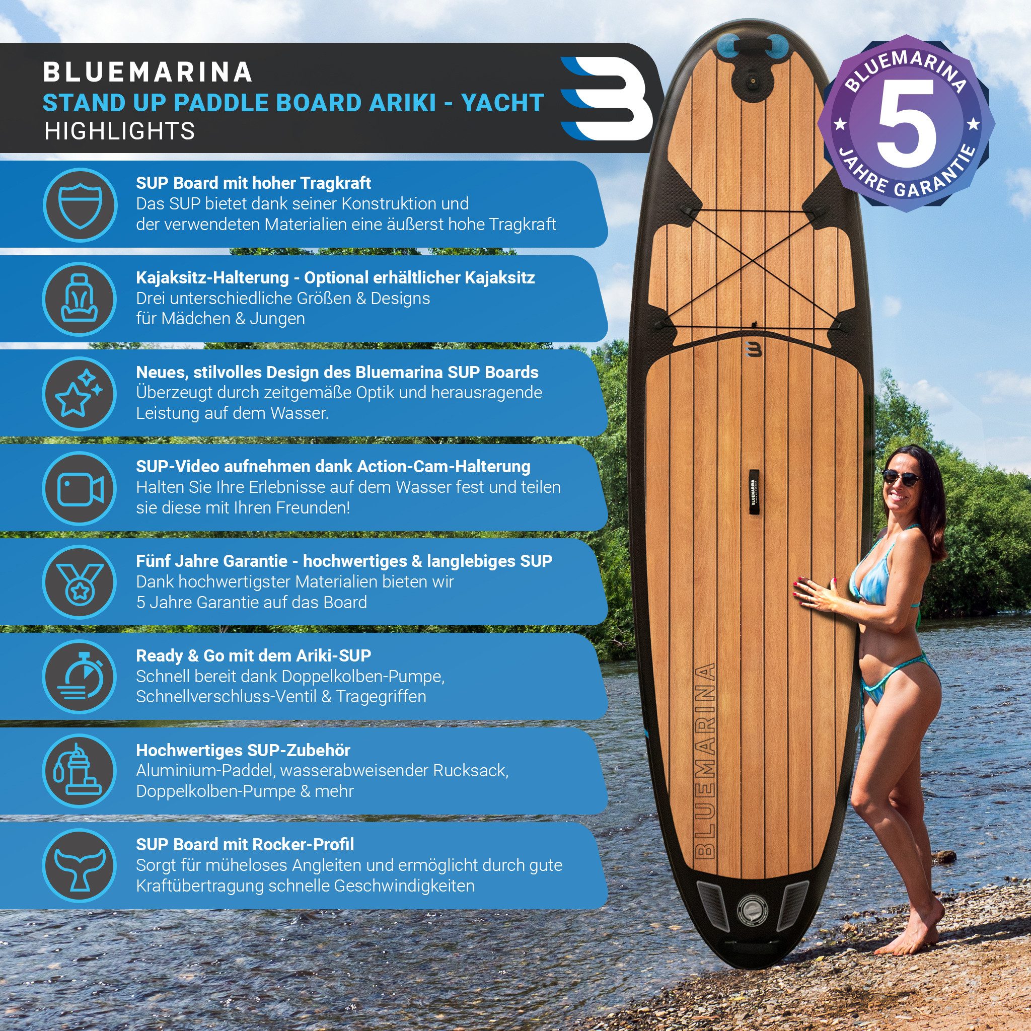 Bluemarina SUP-Board Black Yacht, Stand Up Paddle aufblasbar mit Paddel, SUP, 5J Garantie, (Stand Up Paddle, SUP), 5 Jahre Garantie, Stand Up Paddle, SUP, SUP Board