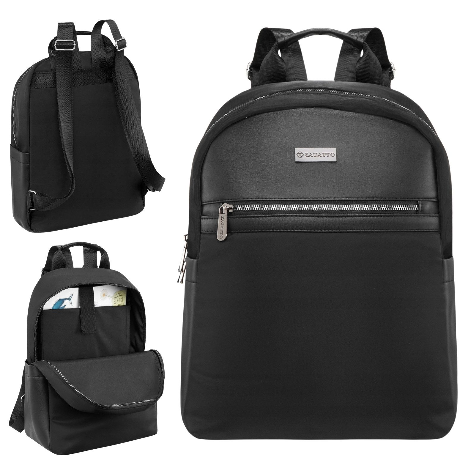 ZAGATTO Cityrucksack Zagatto Kleiner Damenrucksack Schwarz Mit Laptopfach, mit gepolstertem Rücken und verstellbaren Schultergurten