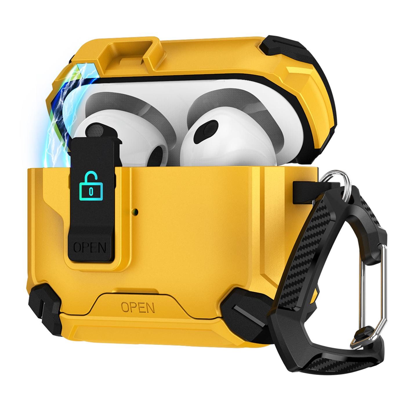 CoolGadget Kopfhörer-Schutzhülle Defender Hülle für Apple AirPods 4 magnetisch mit Karabiner, 360° Full-Body Case Schutzhülle Handy Standfunktion magnetisch ladbar