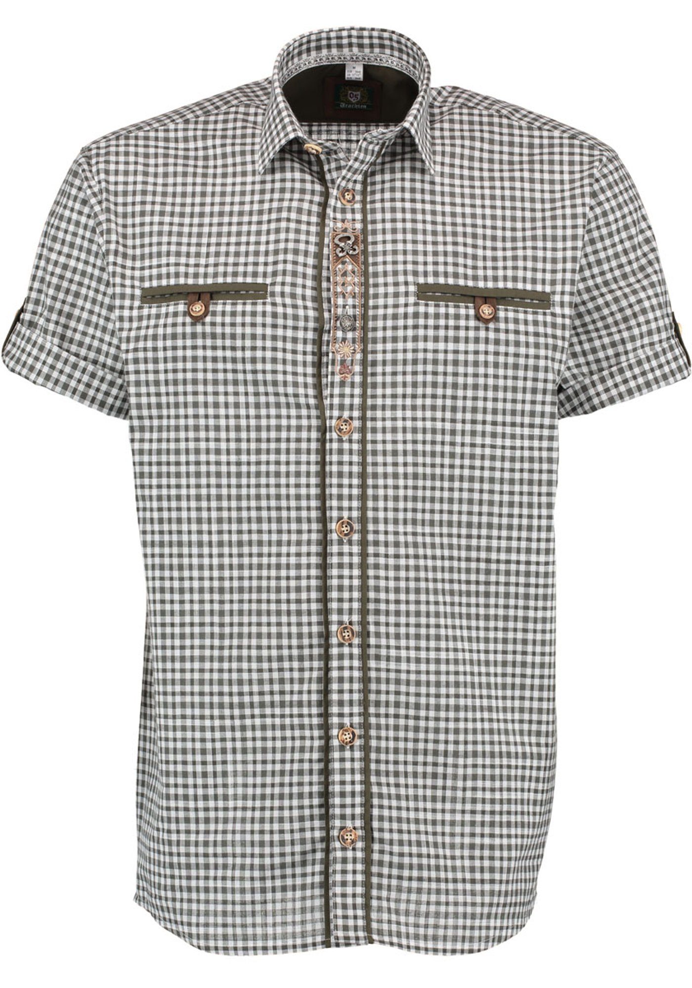 OS-Trachten Trachtenhemd Ivuve Kurzarmhemd mit Liegekragen, 2 Paspelstaschen mit Knopf oliv