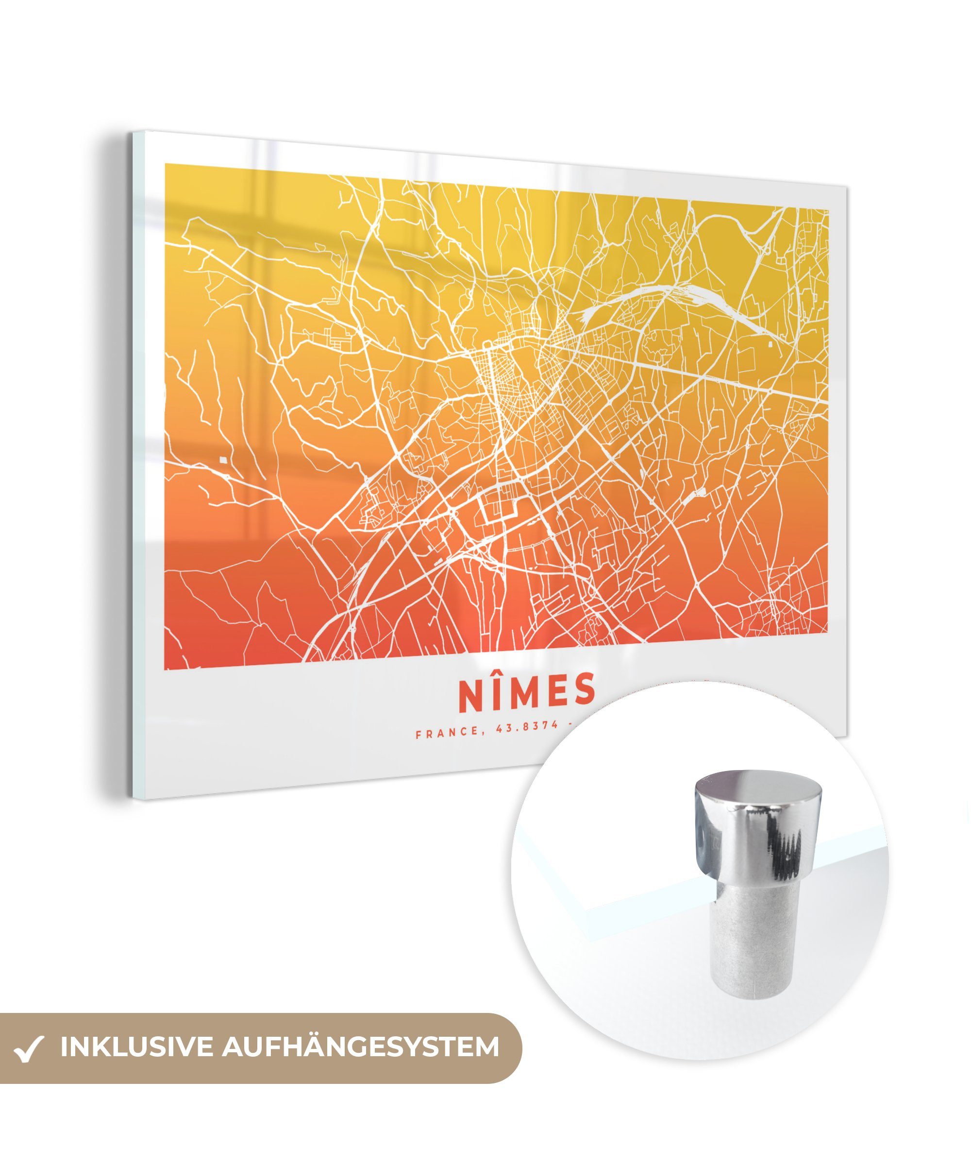 St), Nimes (1 Stadtplan, MuchoWow - Frankreich - & Acrylglasbilder Wohnzimmer Schlafzimmer Acrylglasbild