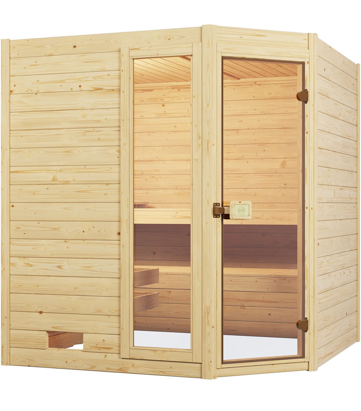 weka Sauna Massivholzsauna VALIDA Eck 1.8, BxTxH: 189 x 172 x 203,5 cm, 38 mm, Blockbohlen, Fensterelement, moderne Ganzglastür