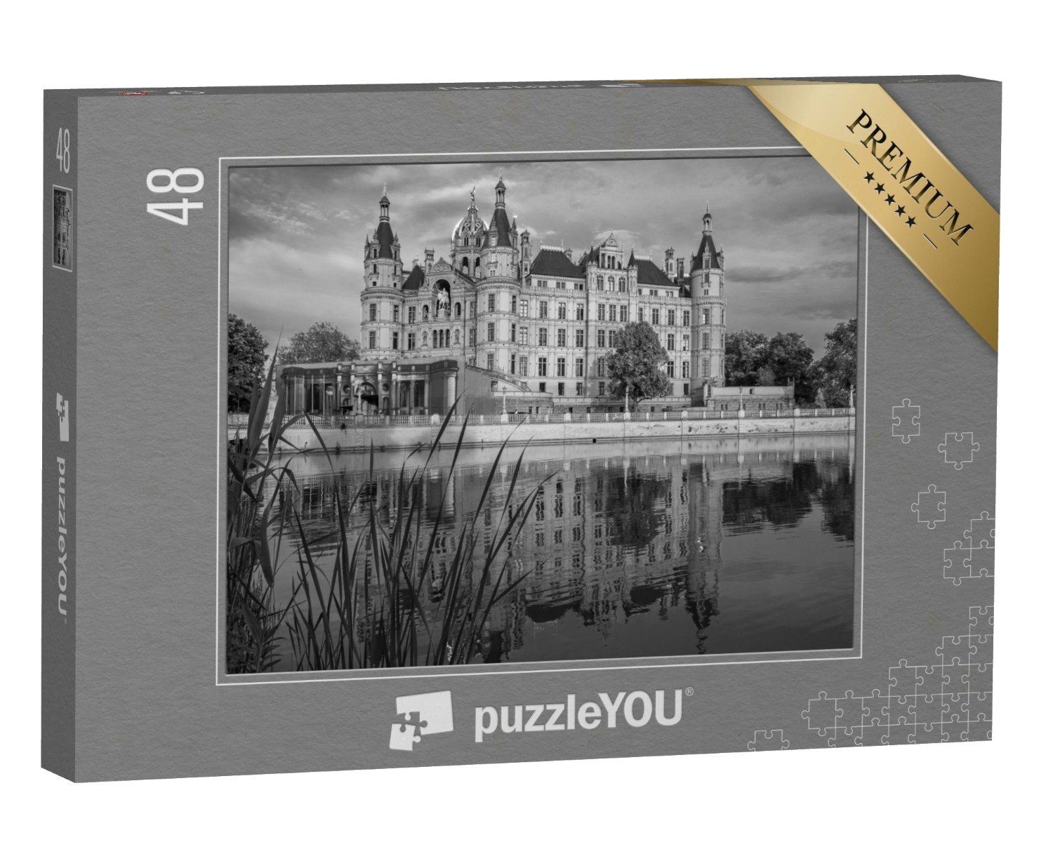 puzzleYOU Puzzle Historisches schönes Schloss Schwerin, Deutschland, 48 Puzzleteile, puzzleYOU-Kollektionen Deutschland, Schwarz-Weiß