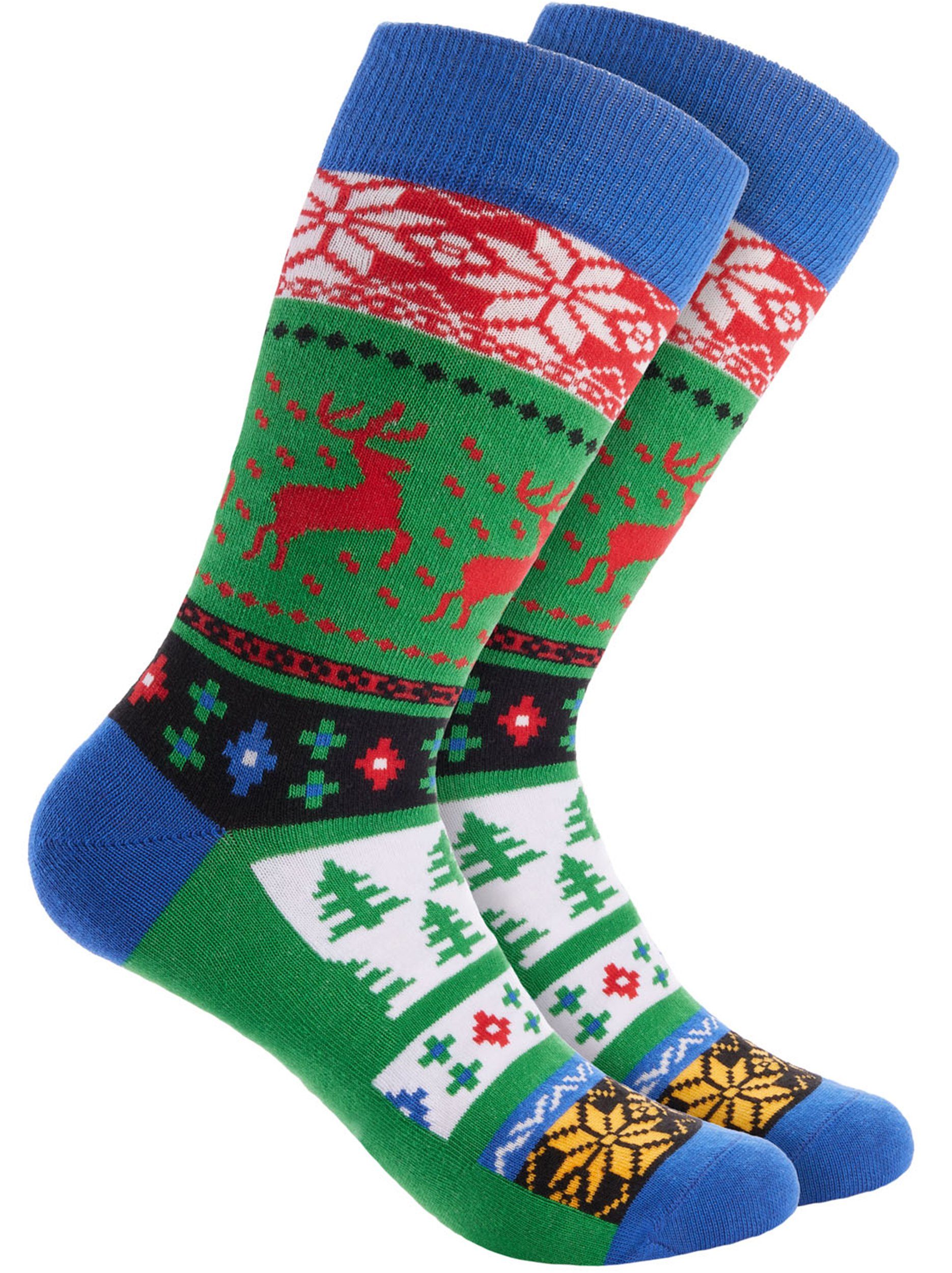 BRUBAKER Socken Weihnachtssocken für Damen und Herren - Weihnachtsmuster Rentiere Grün (Bunt, 1-Paar, Unisex) Lustige Baumwollsocken für Weihnachten und Nikolaus