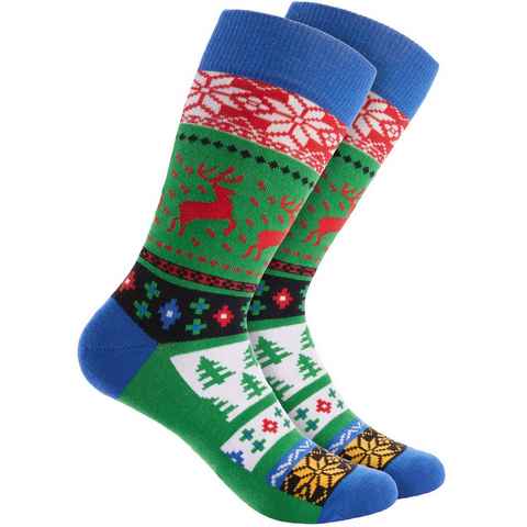 BRUBAKER Socken Weihnachtssocken für Damen und Herren - Weihnachtsmuster Rentiere Grün (Bunt, 1-Paar, Unisex) Lustige Baumwollsocken für Weihnachten und Nikolaus
