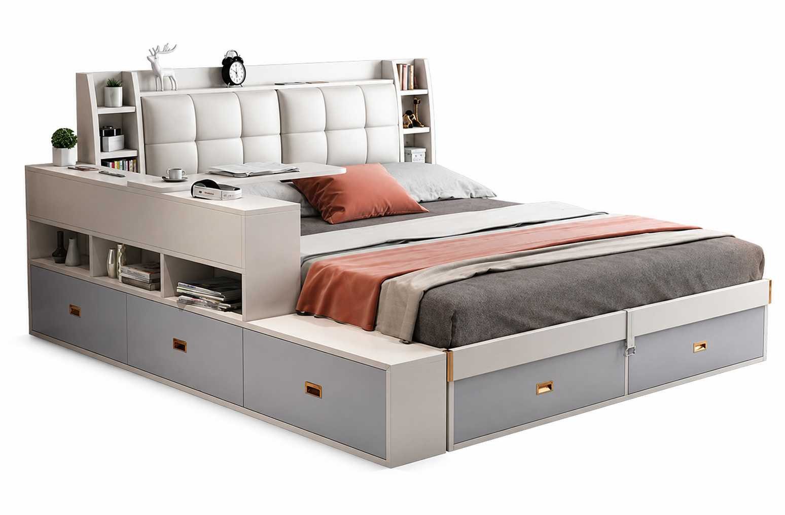JVmoebel Multimediabett Großes Designerbett Weiß modern mit integriertem Stauraum und Ablagen, Made in Europa