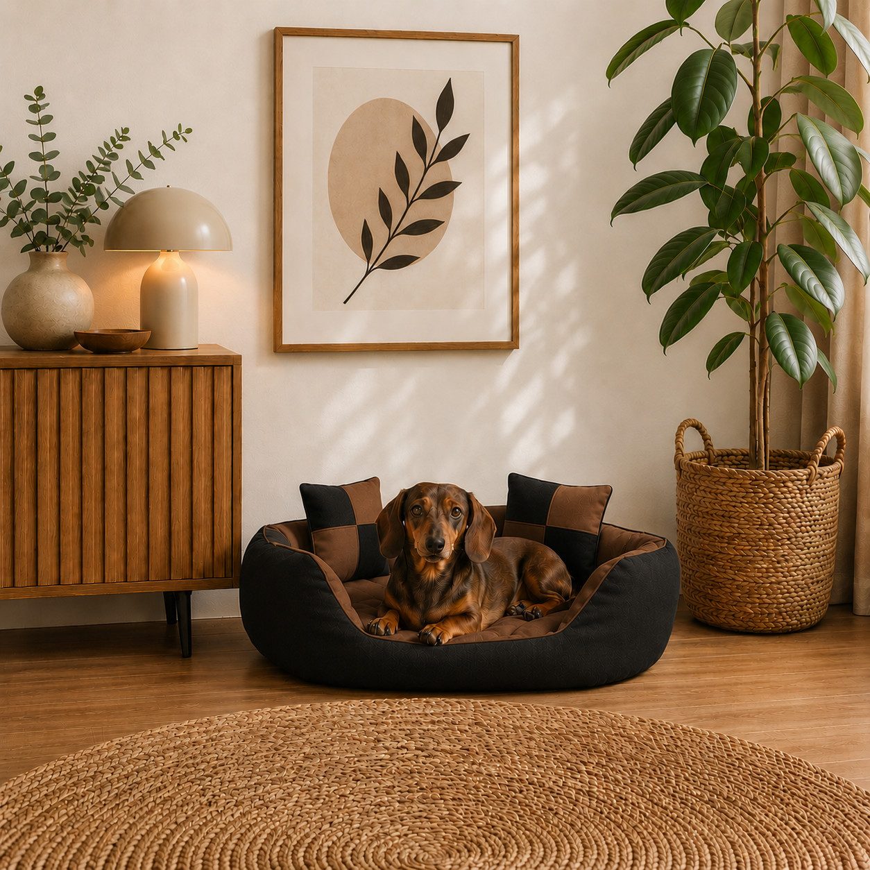belviona Tierkissen, Hundekörbchen wasserabweisend, 65x50 cm, schwarz/braun, Oxford, Hundebett mit Wendekissen, tiefer Einstieg & 2 Spielkissen