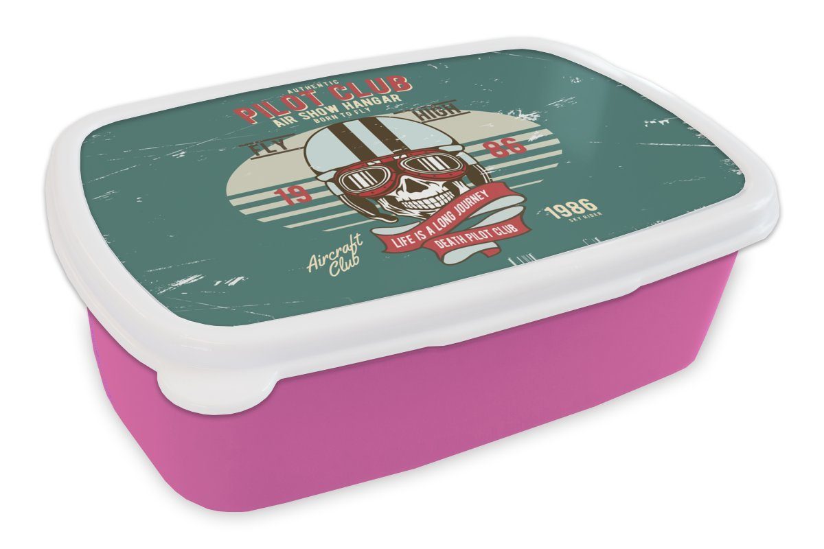 MuchoWow Lunchbox Totenkopf rosa - (2-tlg), Snackbox, - Brotbox Mädchen, - Kunststoff, Kunststoff Vintage, Pilot Brotdose für Kinder, Erwachsene, Kleidung