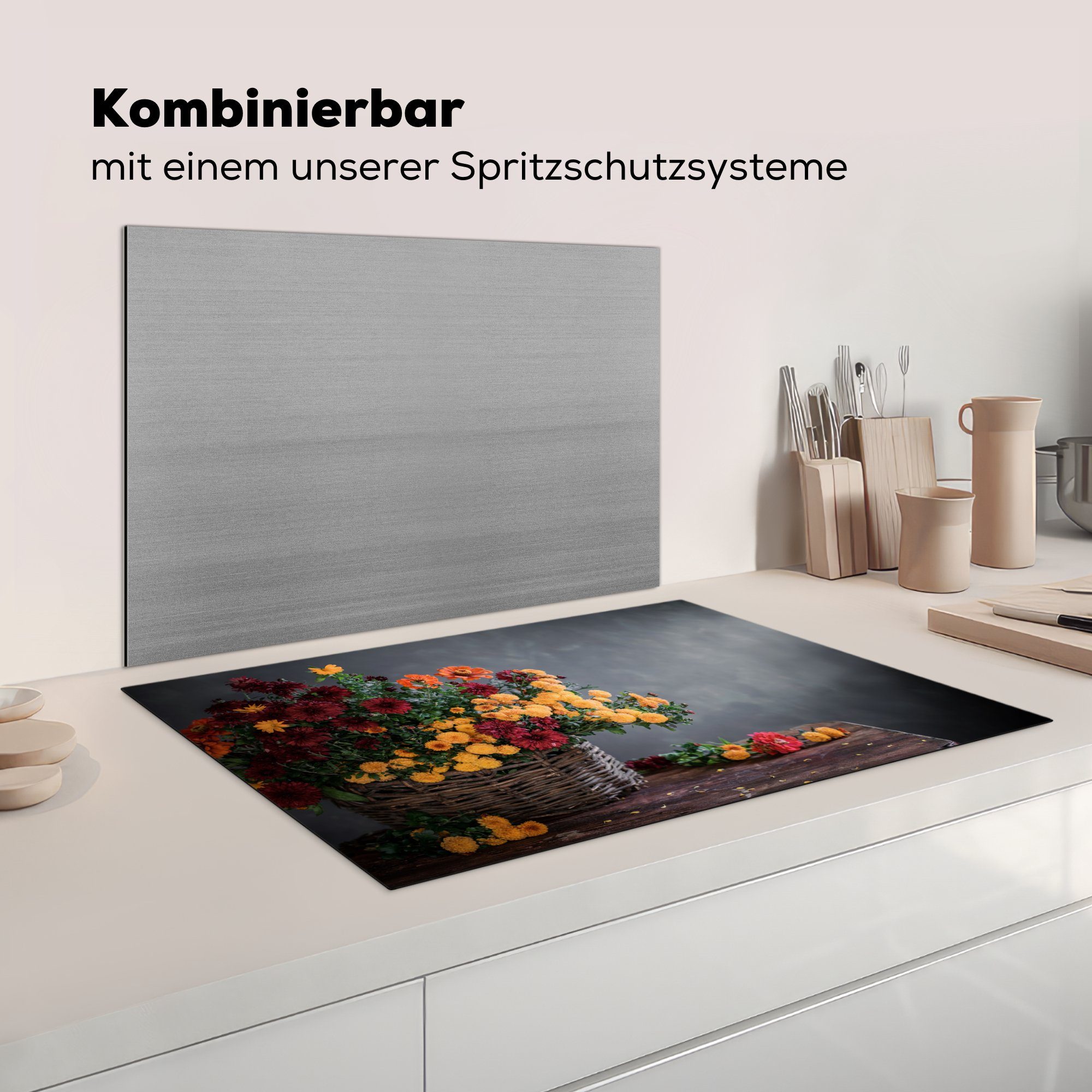 Chrysantheme, cm, Induktionskochfeld die Stilleben Schutz - (1 Vinyl, Herdblende-/Abdeckplatte Korb küche, - 81x52 für Ceranfeldabdeckung tlg), MuchoWow