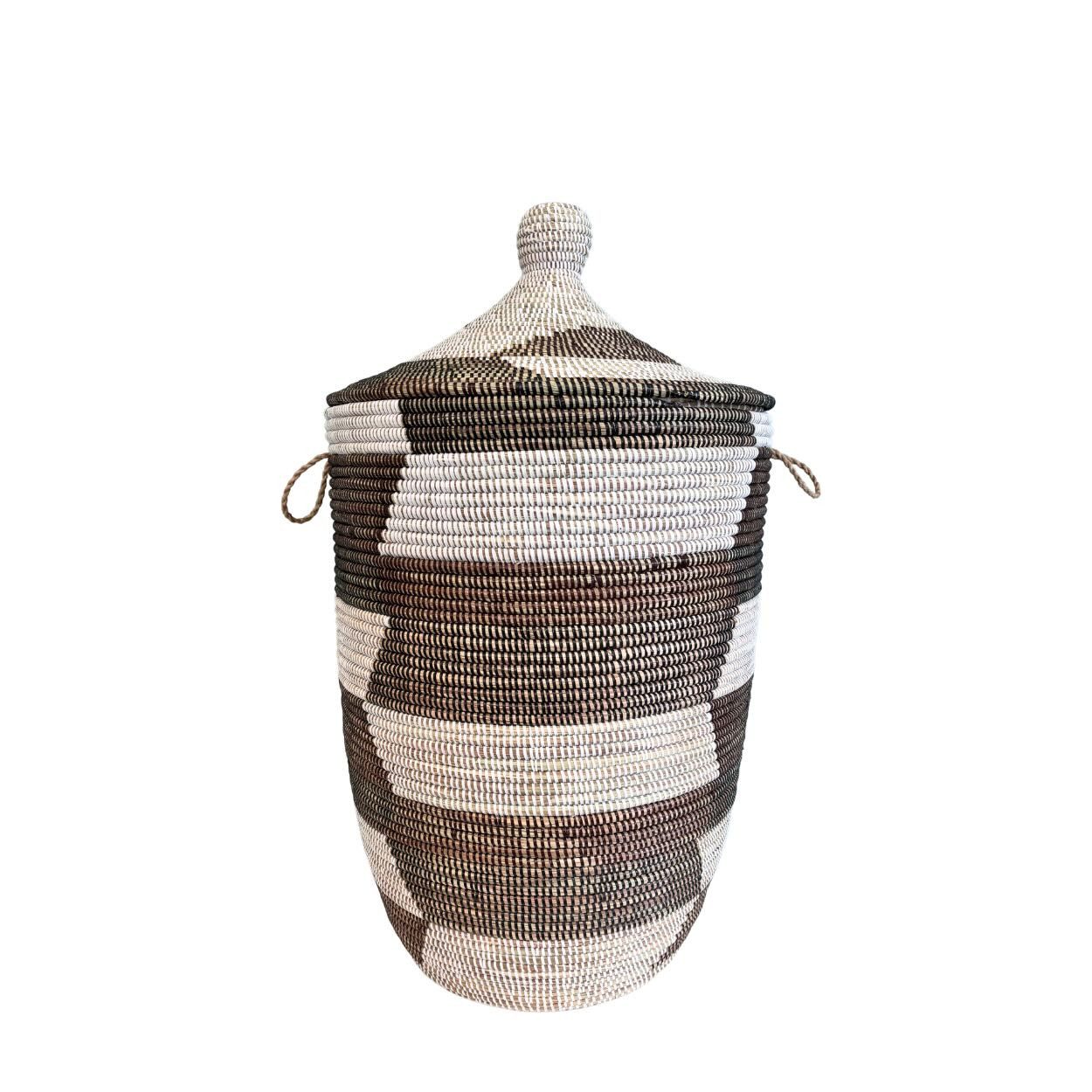 maishameanslife Wäschekorb Senegal M - Zick Zack - Braun/Weiß, Handgeflochtener Wäschekorb aus traditionellem Kunsthandwerk