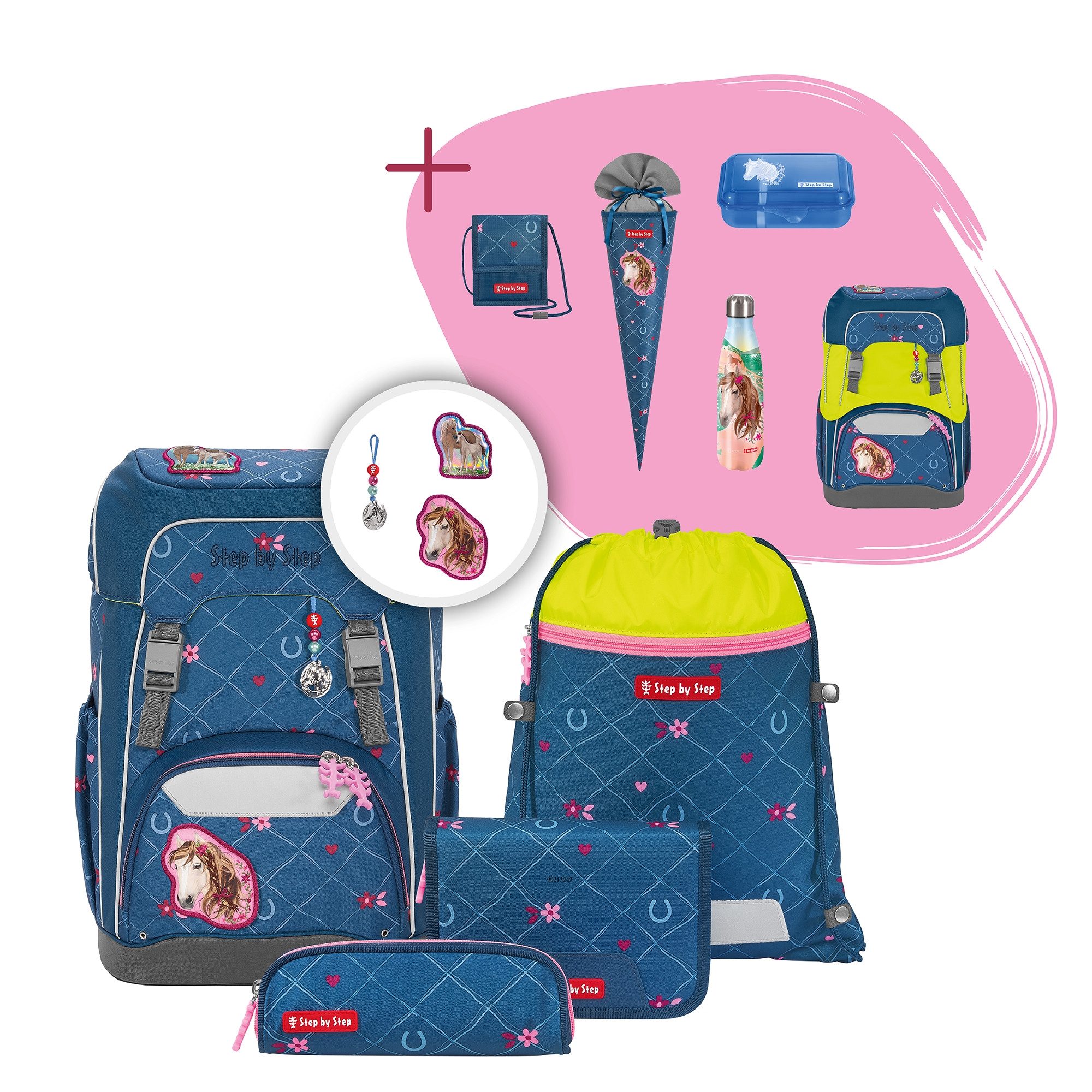 Step by Step Schulranzen GIANT „Horse Lima“, 10-teilig, blau, inkl. Trinkfl (10-teilig, 10-tlg)
