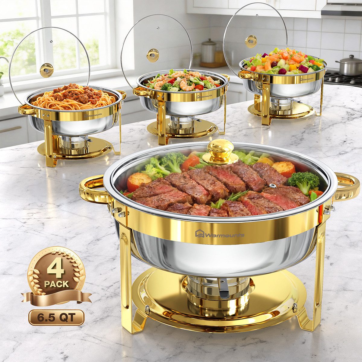 Warmounts Speisenwärmer 6,15L Chafing Dish Speisenwärmer Set, (6-tlg., Rund, 6,5 QT Edelstahl mit Deckelhalter und Glasdeckel), Buffet Warmhalter-Set für Catering, Partys, Abendessen