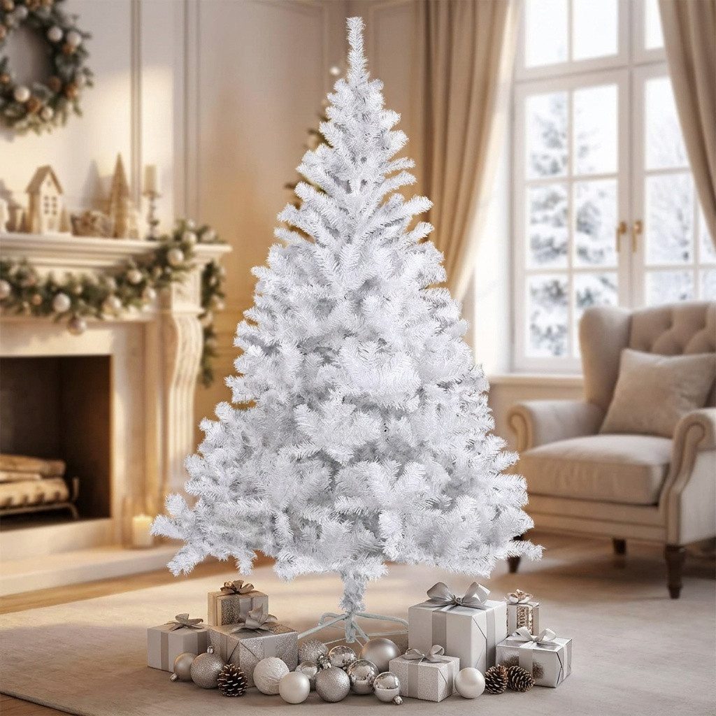 LEADZM Künstlicher Weihnachtsbaum PVC Weihnachtsbaum Künstlich Tannenbaum Christbaum mit Metallständer, 150cm mit 350 Spitzen, Weiß