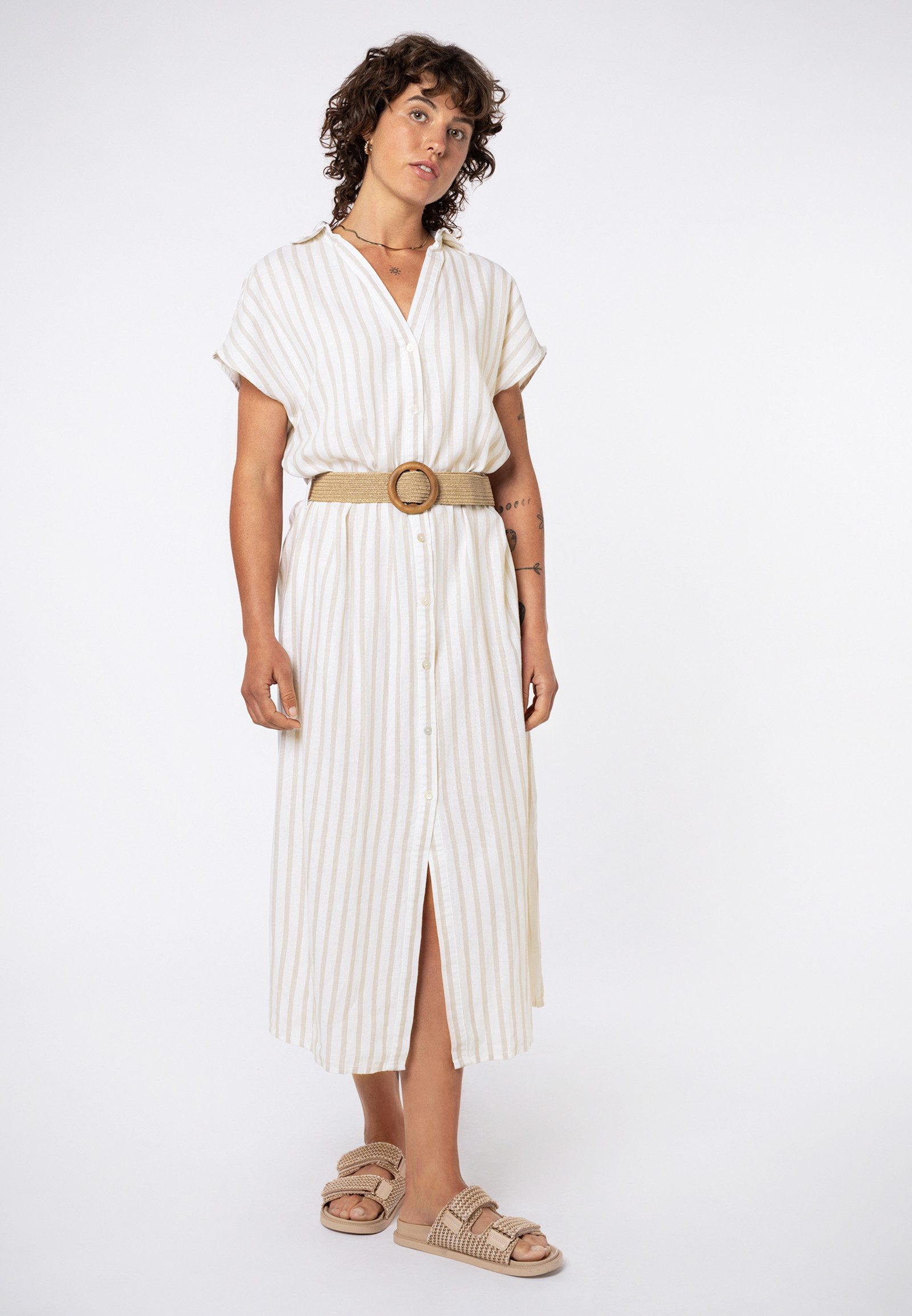 Eight2Nine A-Linien-Kleid Damen Blusenkleid mit Bastgürtel Sommerkleid, Leinen-Viskose-Mix, elastische Taille, gestreift oder uni