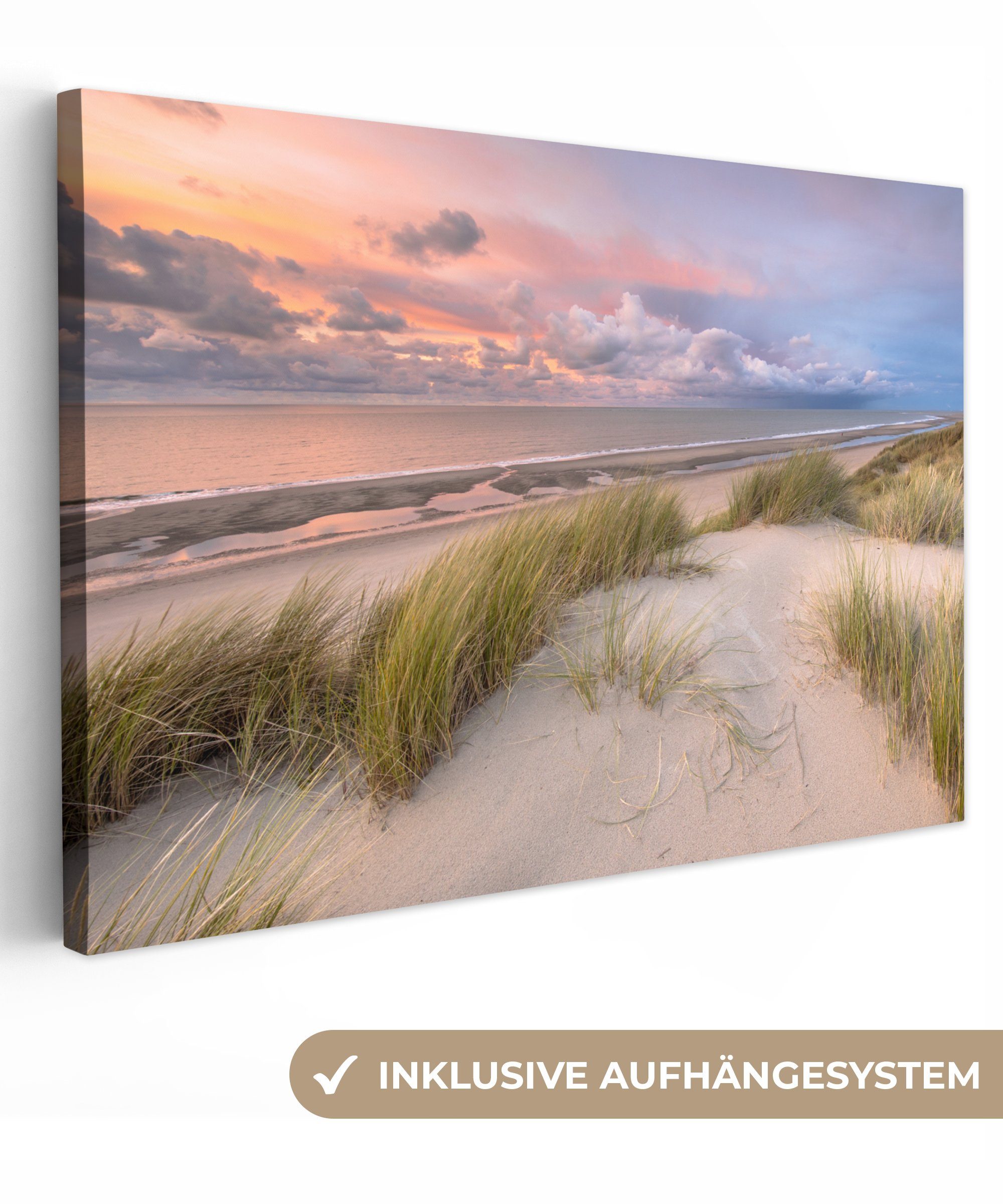 OneMillionCanvasses® Leinwandbild Strand - Meer - Dünen - Niederlande - Rosa, Fotodruck (1 St), Leinwand Bilder groß für Wohnzimmer 140x90 cm