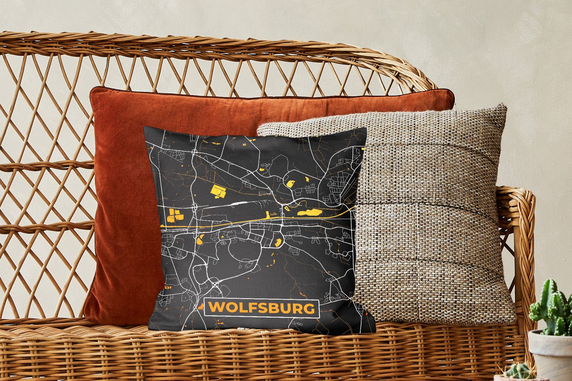 MuchoWow Dekokissen Stadtplan Wohzimmer, für Schlafzimmer, Gold Deko, - Karte, Deutschland - Sofakissen Zierkissen Füllung - Wolfsburg mit 