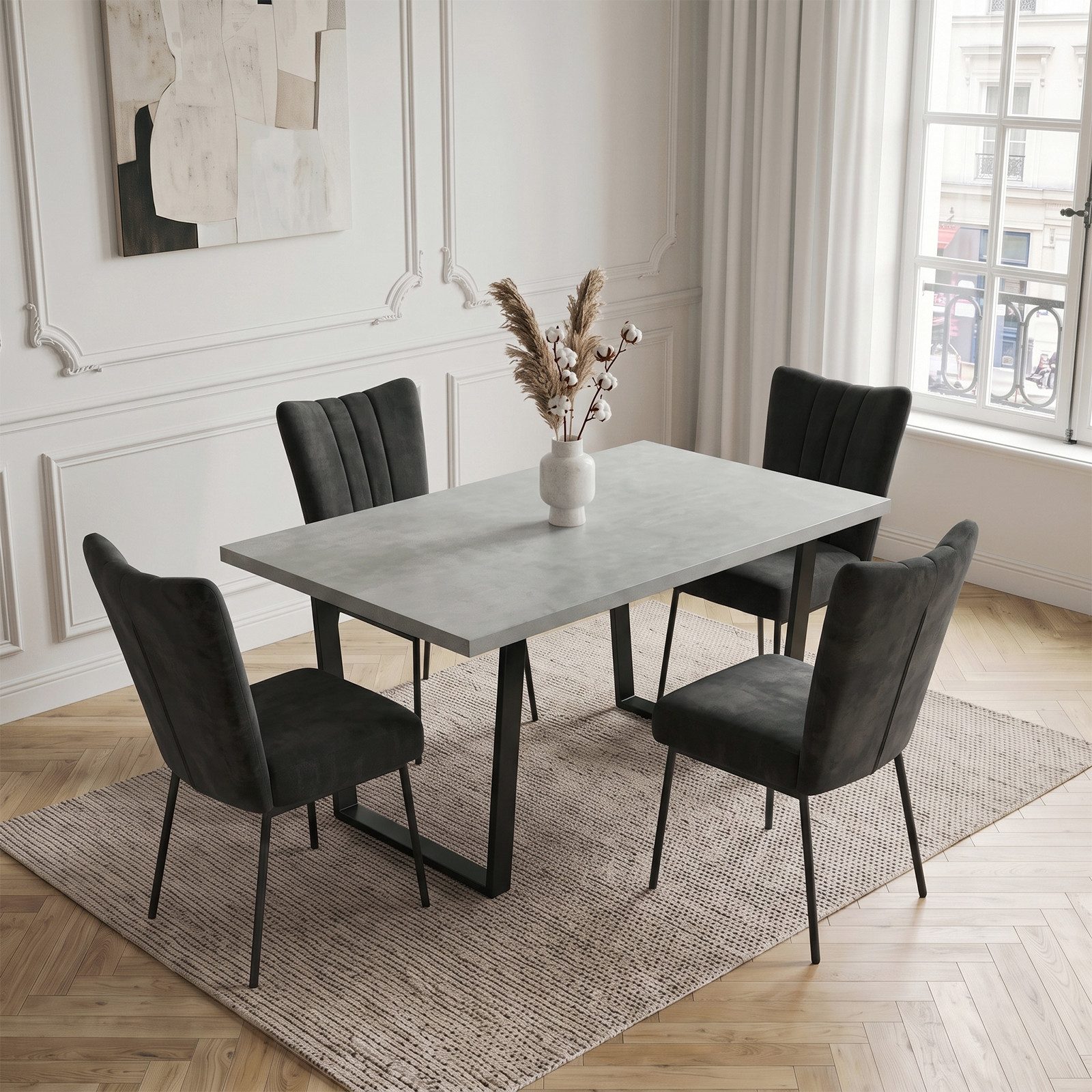 Jiexi Essgruppe Essgruppe 110x70 MDF Tisch mit Samtstühlen U-Metallgestell