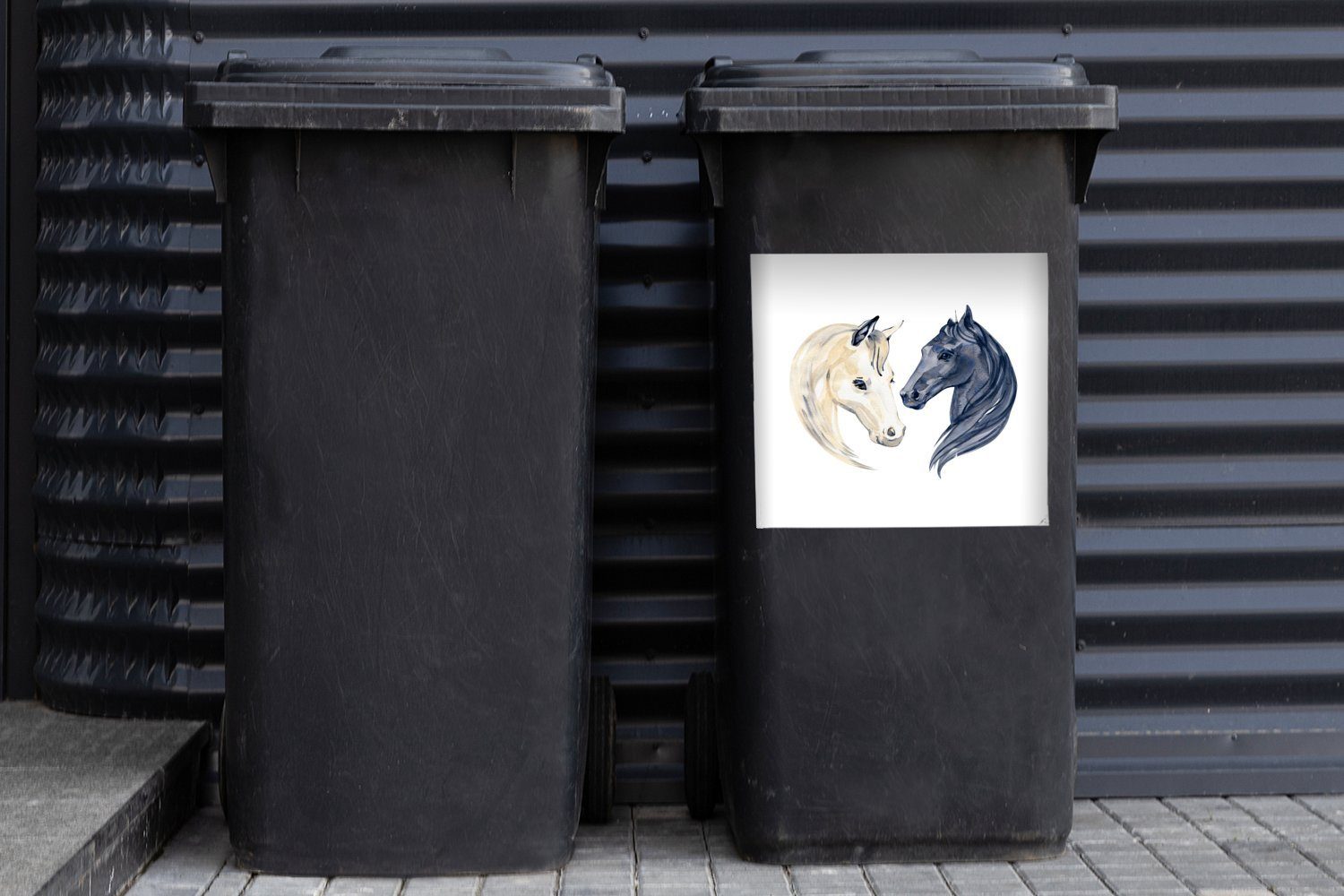 Abfalbehälter Mädchen St), - MuchoWow Mülltonne, (1 - Mülleimer-aufkleber, Wandsticker Container, Sticker, - Kinder Schwarz Aquarell Pferde Mädchen - -
