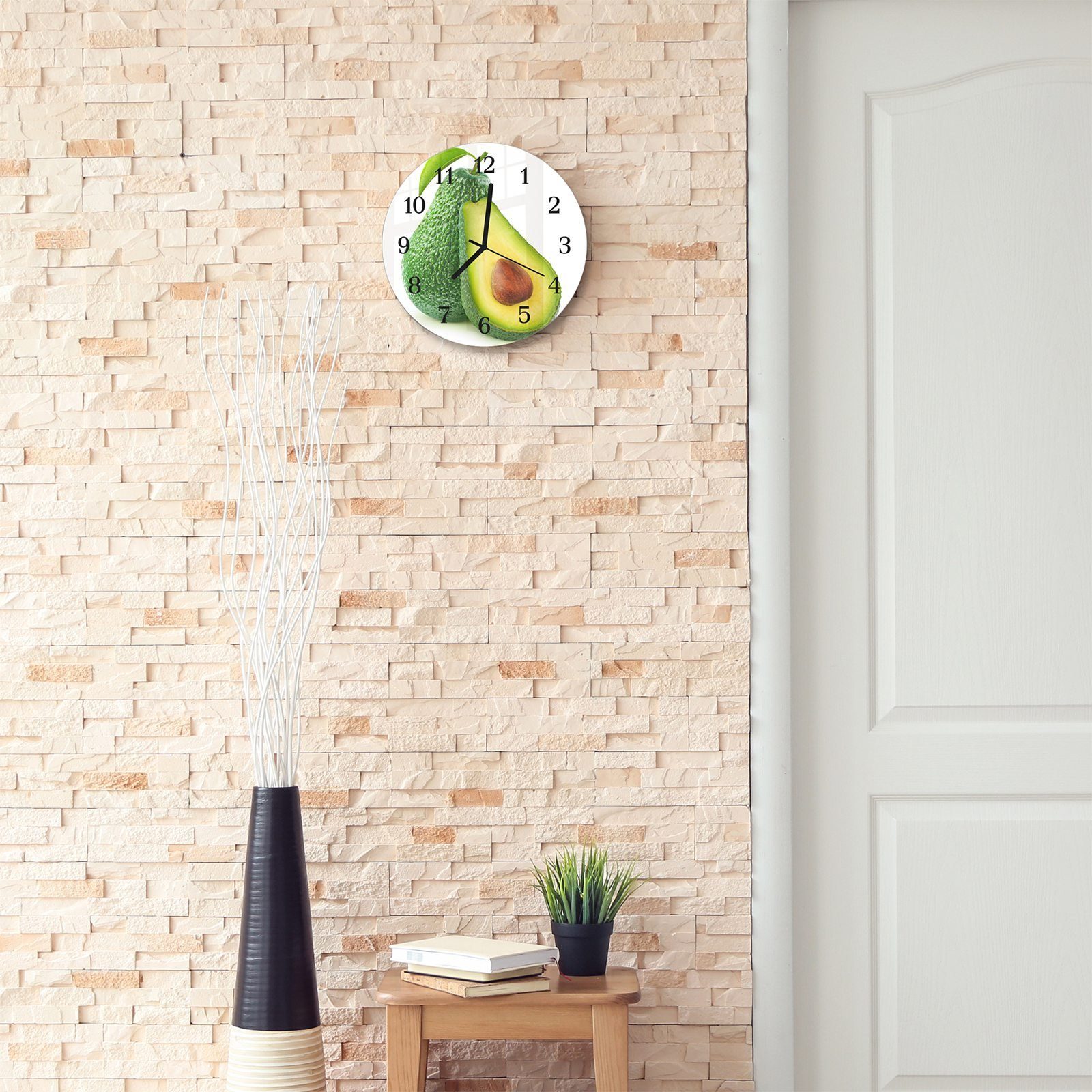 mit mit Wanduhr Geschnittene 30 Motiv Primedeco Rund und Quarzuhrwerk aus Glas Avocado cm - Durchmesser Wanduhr