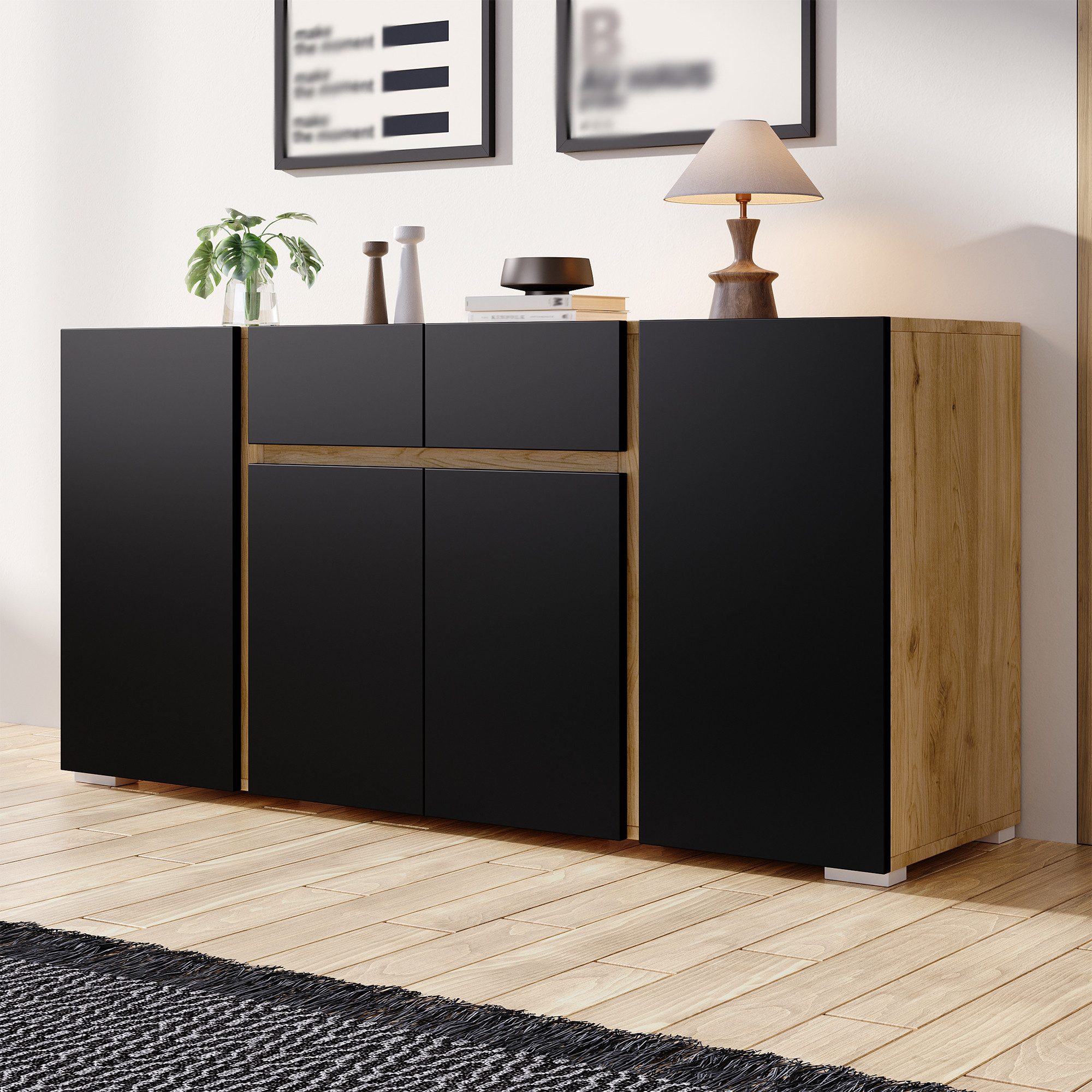 Merax Sideboard mit 4 Türen, 2 Schubladen & verstellbaren Einlegeböden (1 St), Kommode Stauraumschrank, 140 x 35 x 70 cm