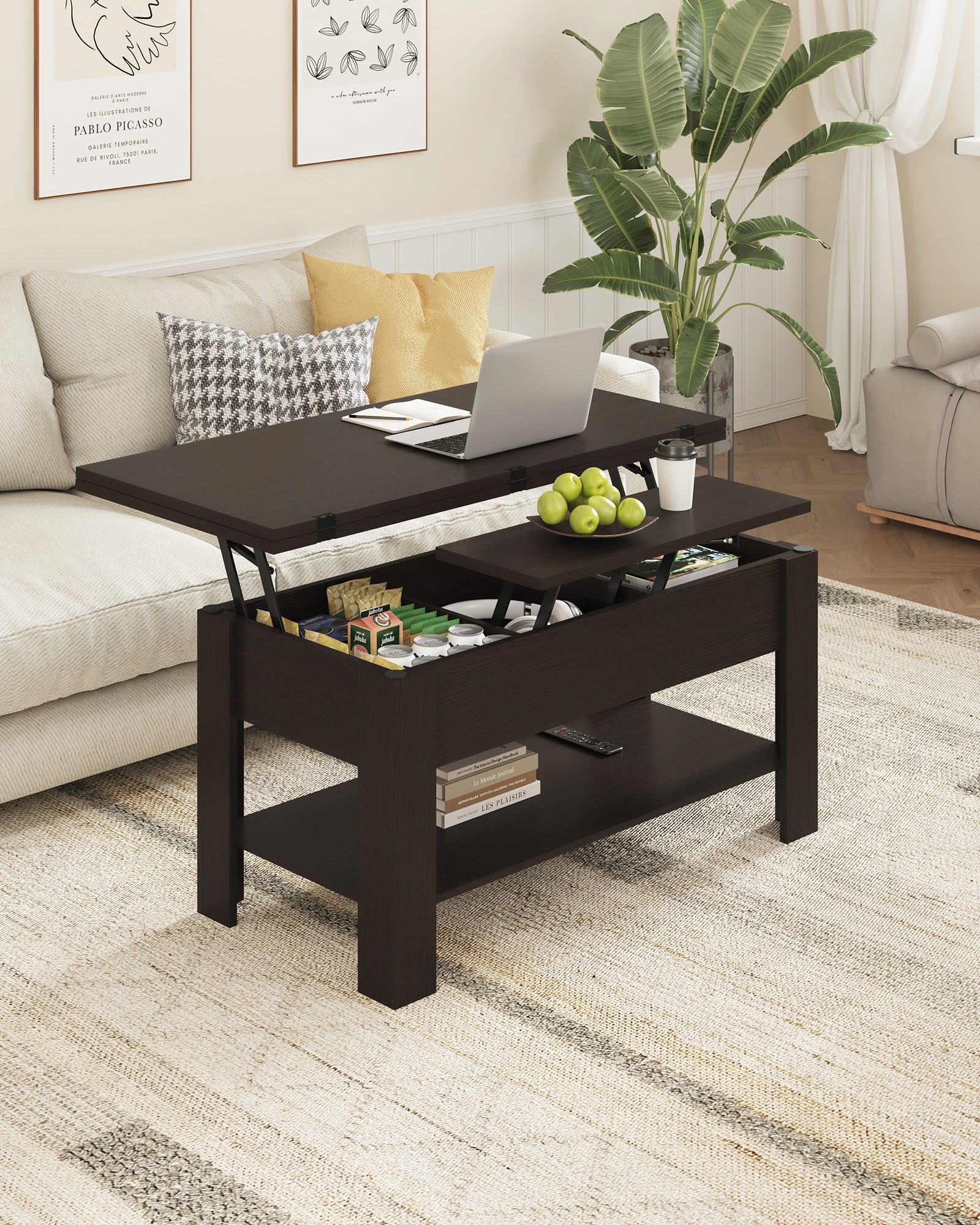 MSMASK Couchtisch Höhenverstellbarer Kaffeetisch mit Verstecktem Stauraum, günstig online kaufen