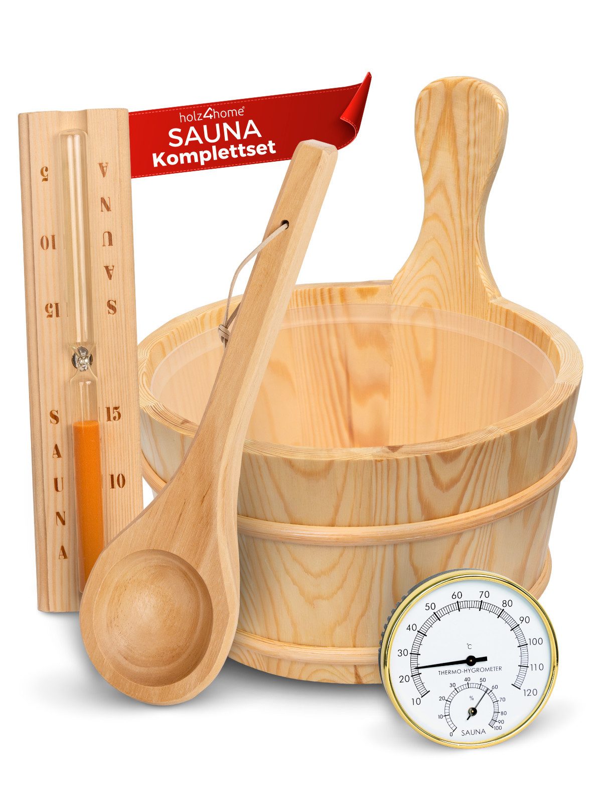 holz4home® Sauna-Aufgussset Sauna Eimer Set I Saunazubehör aus Holz (4-tlg., Set) inkl. Eimer, Kelle, Sanduhr, Thermometer