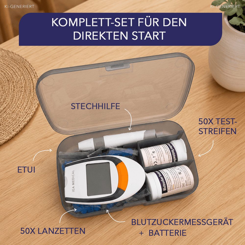 IEA Medical Blutzuckermessgerät AC-309, Komplettset, inkl. 50x Teststreifen, 50x Lanzetten, 1x Etui, für eine einfache Selbstkontrolle zuhause