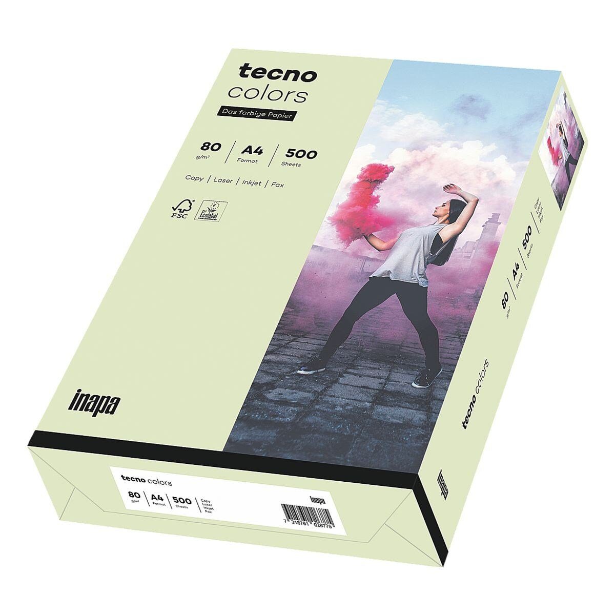 Inapa tecno Drucker- und Kopierpapier Rainbow / tecno Colors, Pastellfarben, Format DIN A4, 80 g/m², 500 Blatt hellgrün