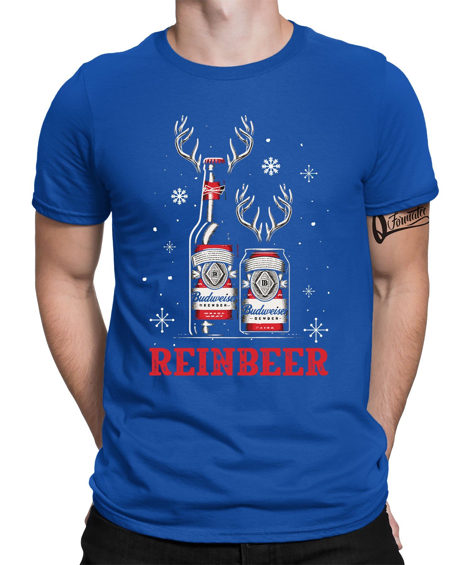 Weihnachtsgeschenk Kurzarmshirt Quattro Bier Formatee Herren T-Shirt Weihnachten X-mas Reinbeer (1-tlg) - Blau
