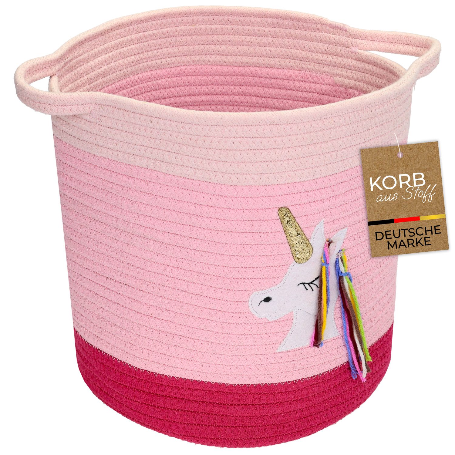 HMF Aufbewahrungskorb Aufbewahrungskorb mit verlängerten Griffen, runder Korb, Baumwolle für Kinderzimmer oder Babyzimmer, Einhorn, 30,5 x 30,5 cm