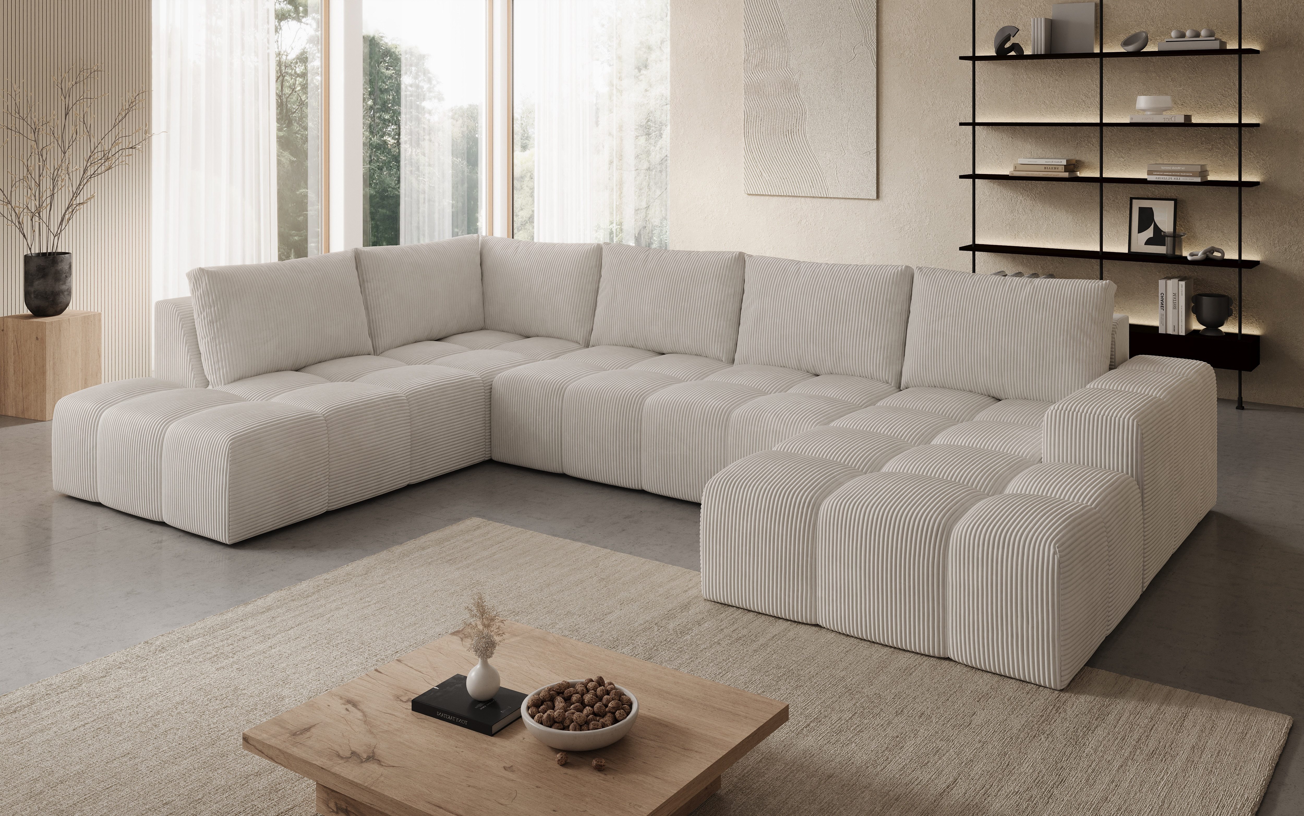 PROMETO Möbel Ecksofa U-Sofa, Große Sofa im Cord-Stoff, Teddy-Boucle oder Web, 2 Ottomanen, Großes U-Sofa mit Cordstoff-Bezug, zwei Ottomanen