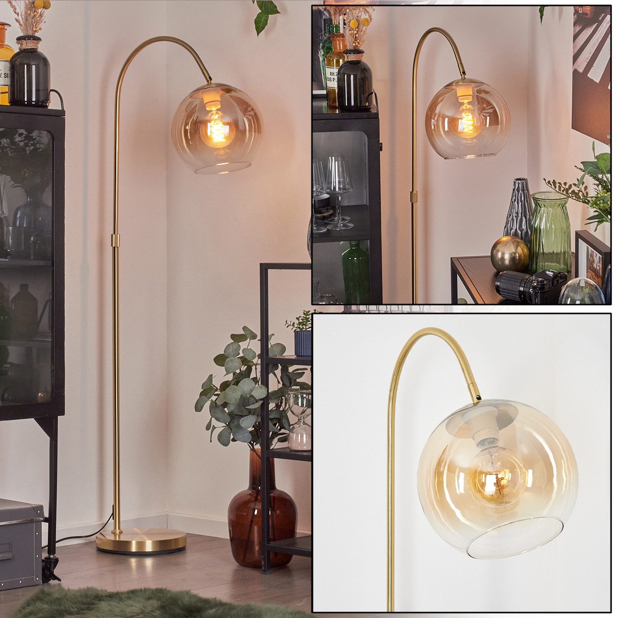 hofstein Bogenlampe Stehlampe aus Metall/Glas in Messing/Bernstein/Klar, ohne Leuchtmittel, Glasschirm (25 cm) u. Fußschalter, 1x E27, ohne Leuchtmittel