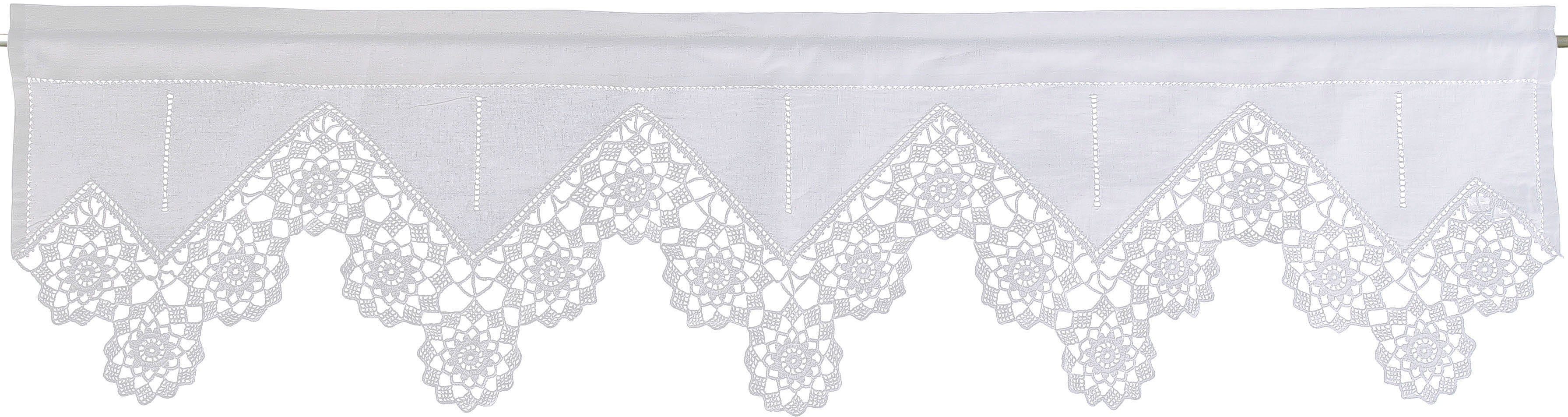 HOSSNER - ART OF HOME DECO Querbehang Dufour, Stangendurchzug (1 St), halbtransparent, Wirkware, handgehäkelte Spitze, weiß, Baumwolle. € 49,43